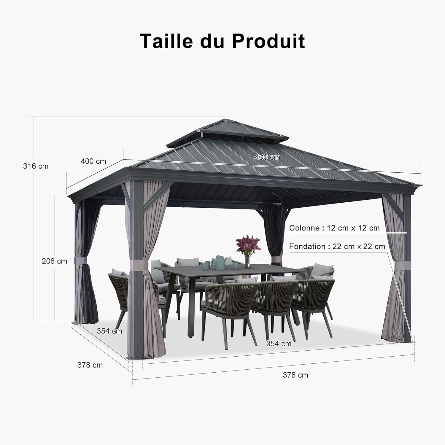 PURPLE LEAF - tonnelle double toit acier 4x4m, rideaux, moustiquaire