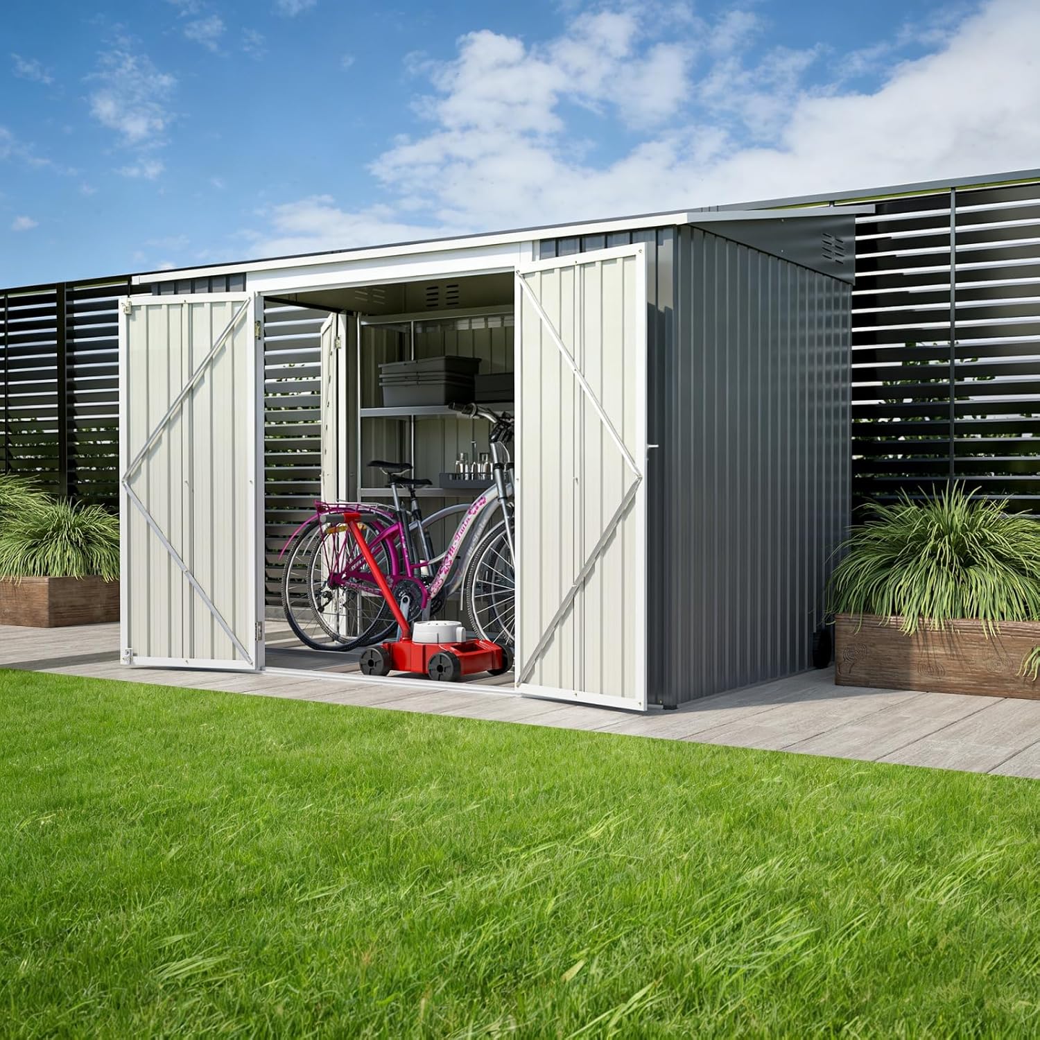 YEHTOKHOME 6x8 FT Abri de Jardin en Métal 262x180 cm, Abri de Jardin avec Toit Incliné, Portes Verrouillables et Fondation Métallique, Rangement Extérieur Étanche, Marron (6x8 FT)