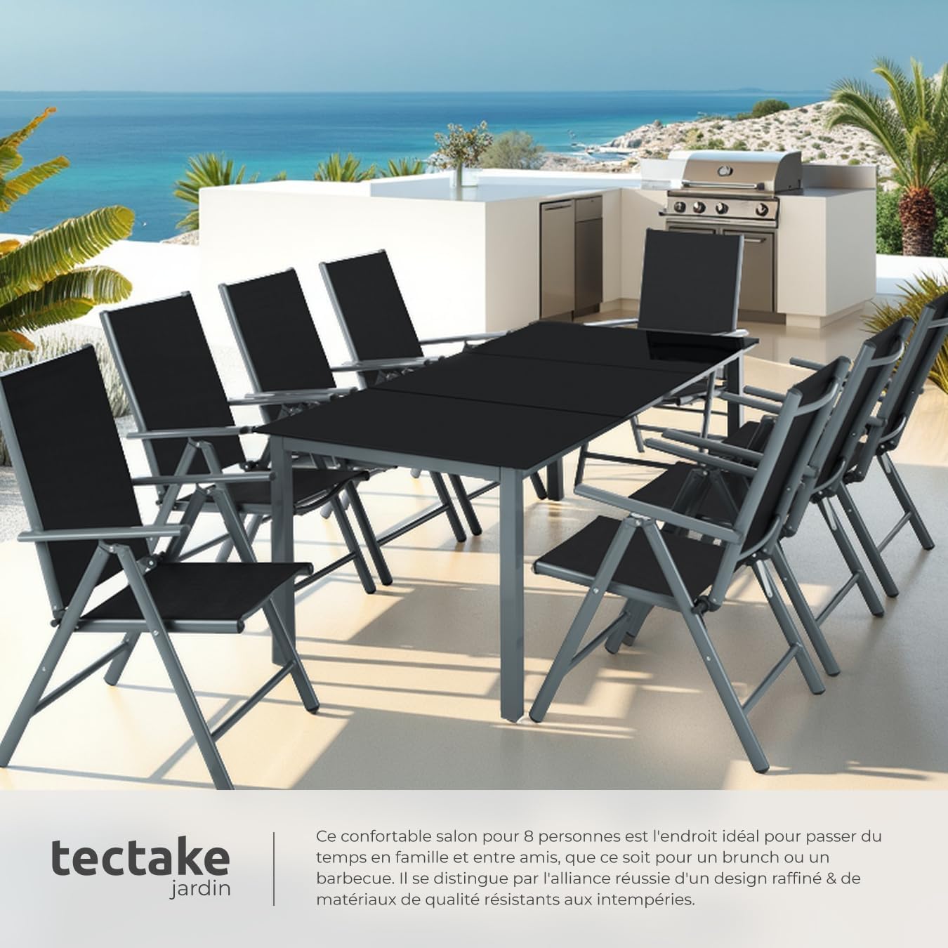tectake - Salon de jardin aluminium, 8 fauteuils pliables, table, facile à entretenir