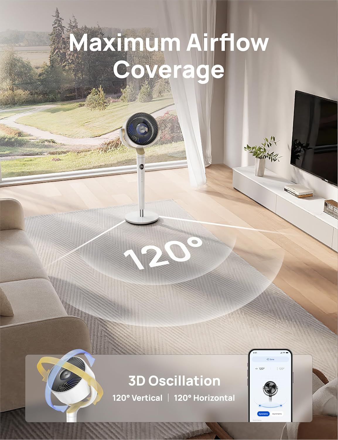 Dreo 23dB Intelligent ventilateur sur pied silencieux, 24M portée, volume d'air 1200m³/h, turbo circulateur, 102CM hauteur, 6 modes, 8 vitesses, oscillation omnidirectionnelle 120°+120°, PolyFan 502S