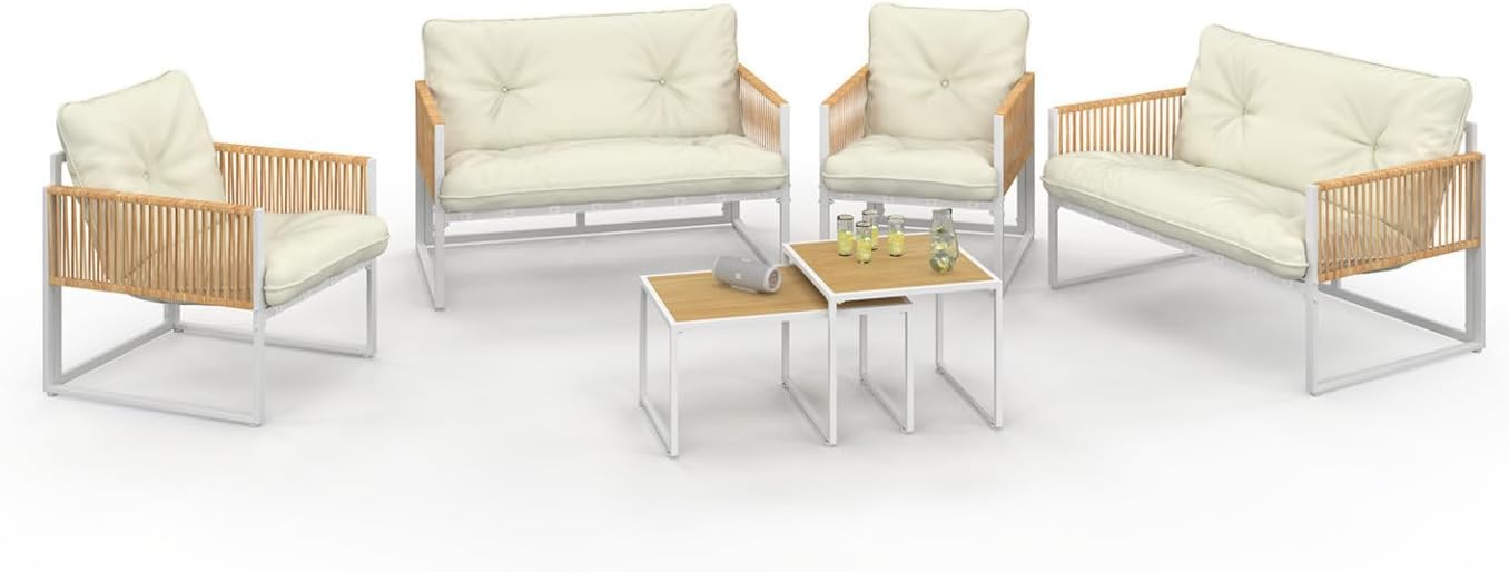 IDMarket - Rio série - 6 places - métal blanc, corde rotin, coussins beige
