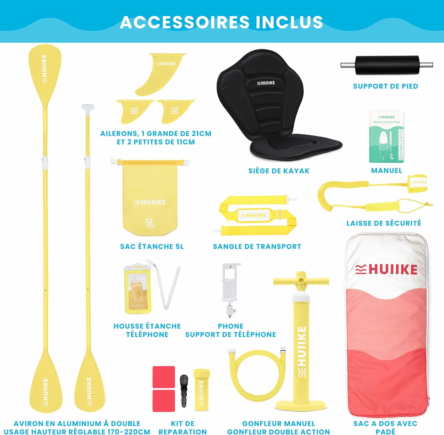 HUIIKE - paddle gonflable adulte - 305x84x15cm - grande stabilité, accessoires inclus