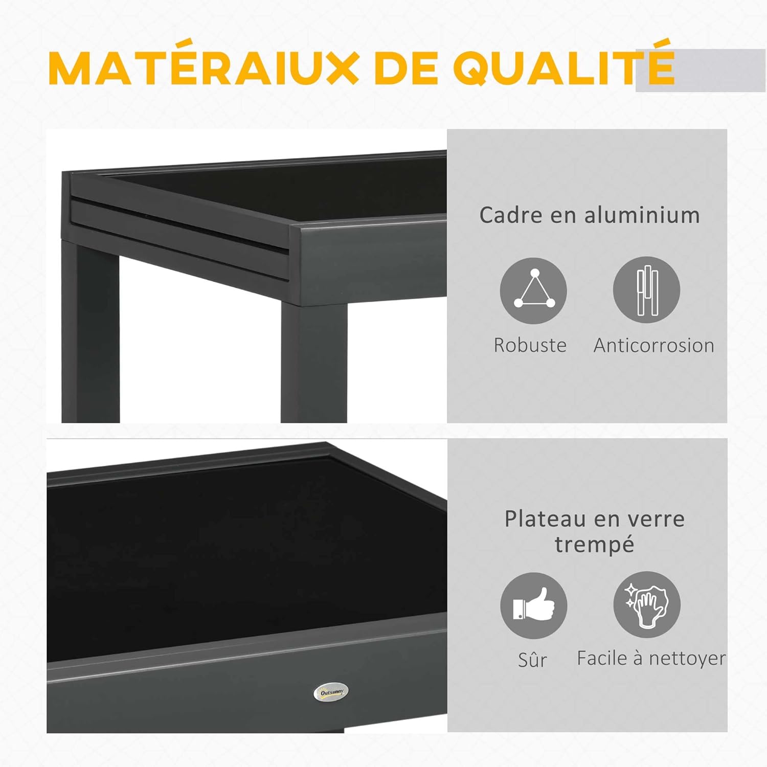 Outsunny - Table extensible jardin - 160x80x75 cm - verre noir, alu gris