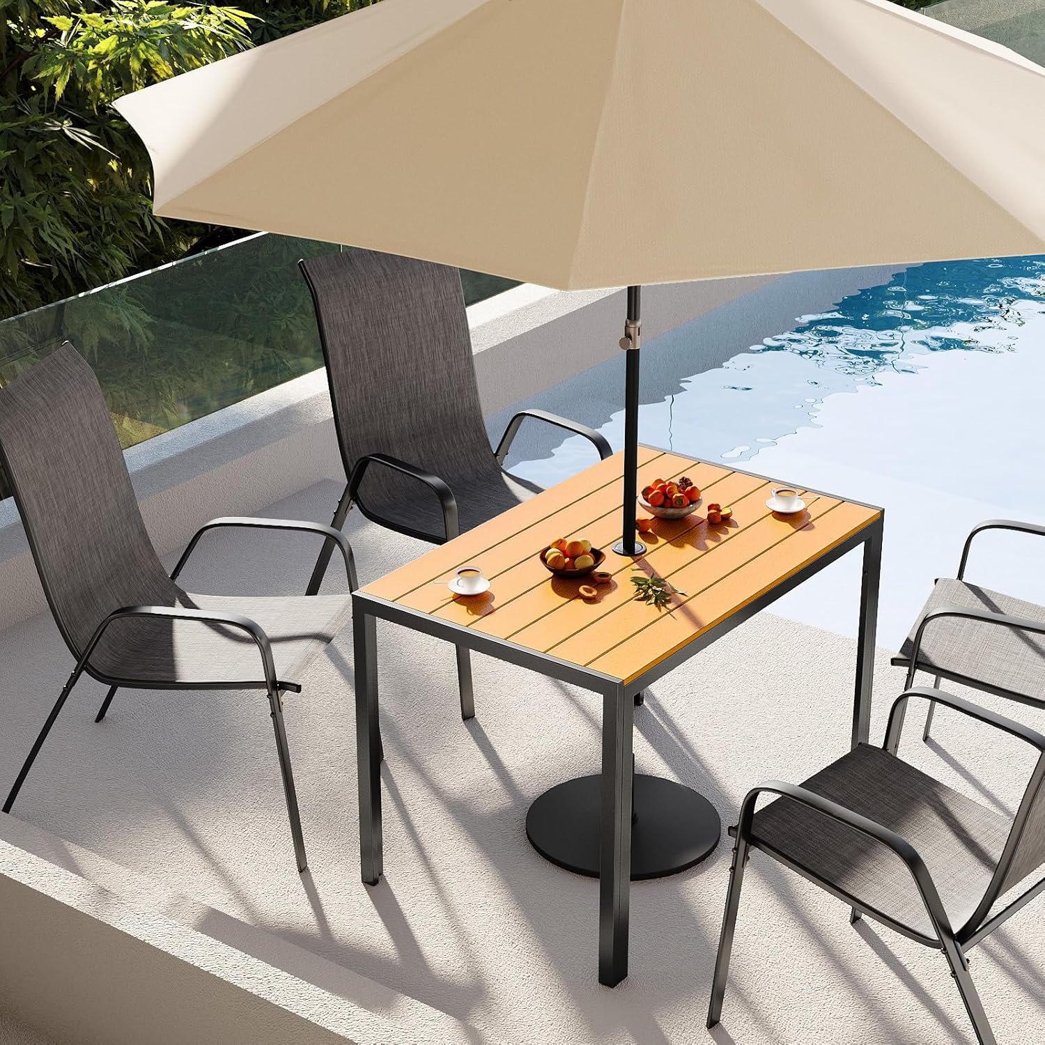 LIFERUN - Table de jardin 110x70cm - WPC, aluminium, trou parasol, brun teck
