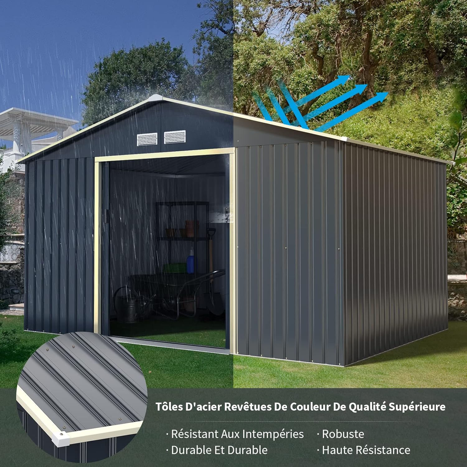 COSTWAY - abri de jardin métal, 340x255x210cm, 2 portes, aération, toit pentu