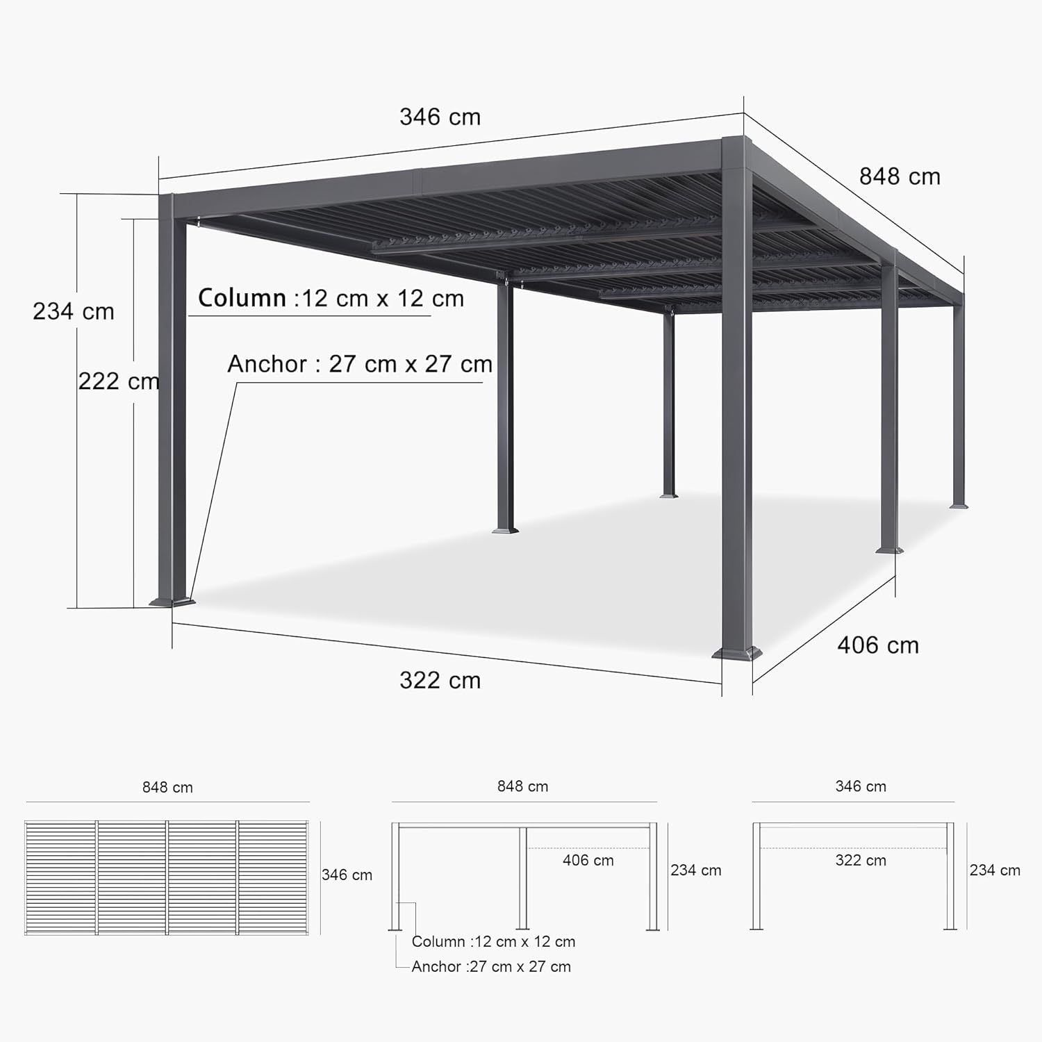 PURPLE LEAF - Pergola bioclimatique série - 3,5x8,5m - aluminium, lames orientables, jardin, terrasse, gris