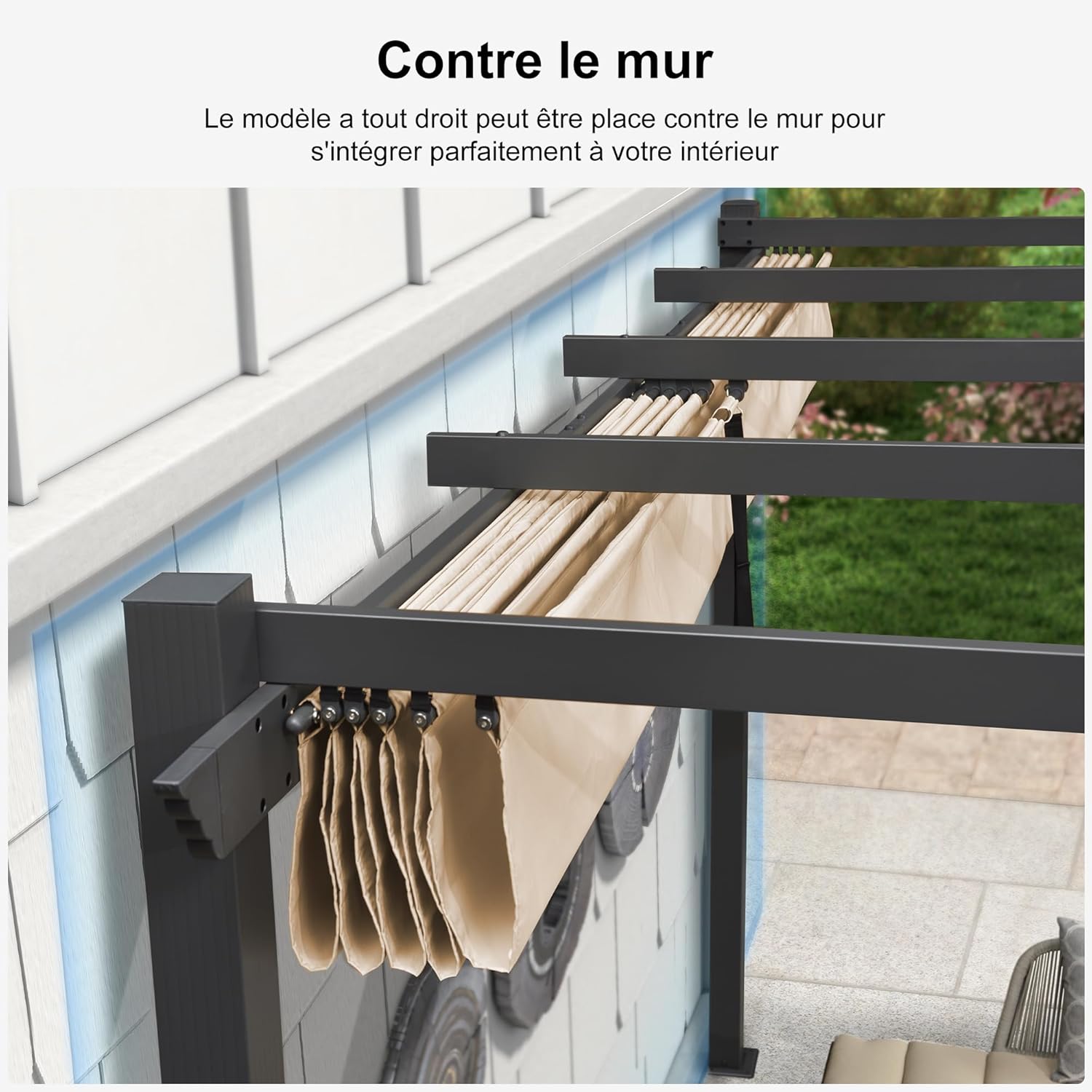 PURPLE LEAF - Pergola murale - 4 x 2,7 m - toit coulissant alu, tissu kaki