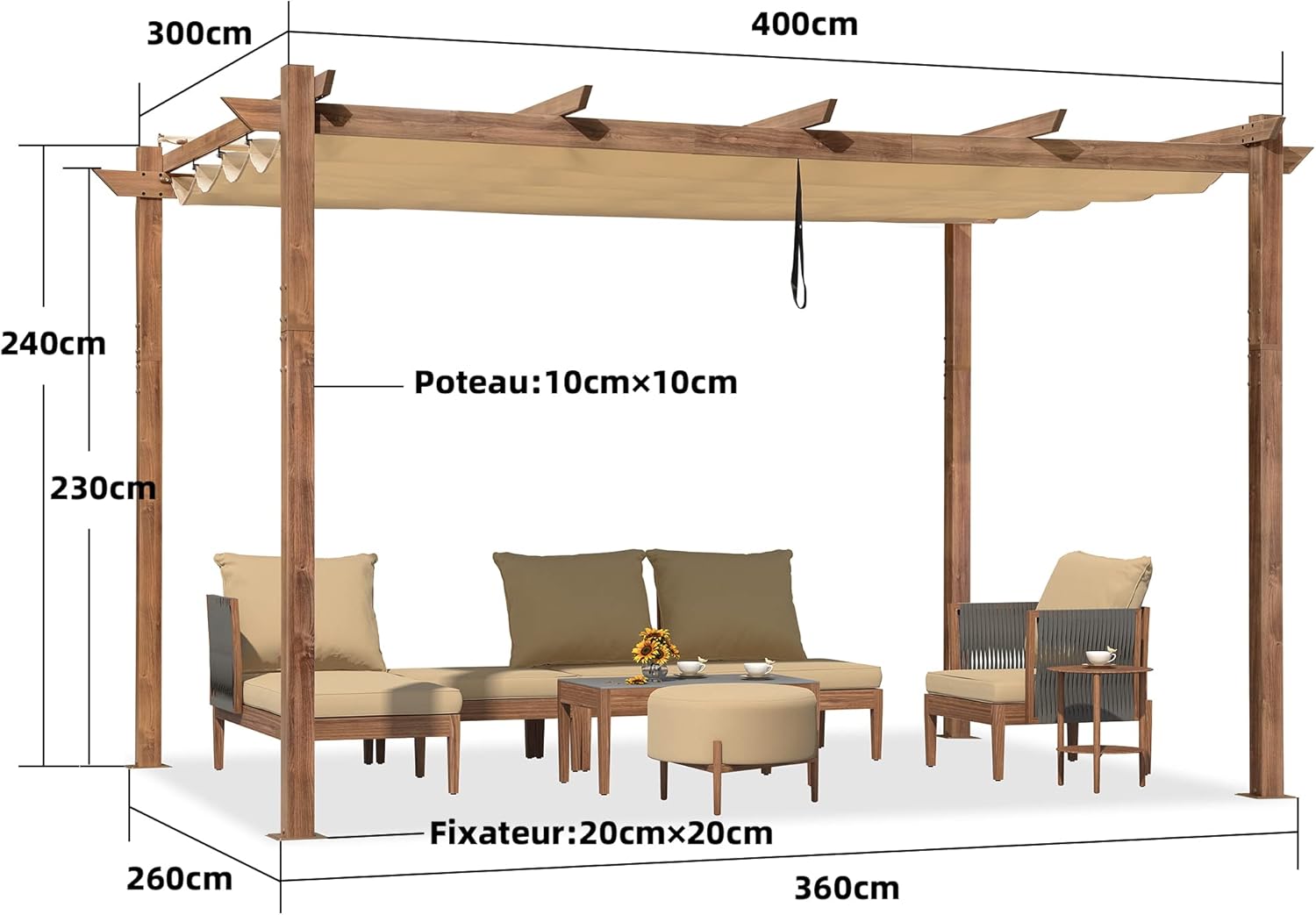 PURPLE LEAF - Pergola aluminium 4x3m, toit rétractable, éclairage intégré, finition teck, kaki