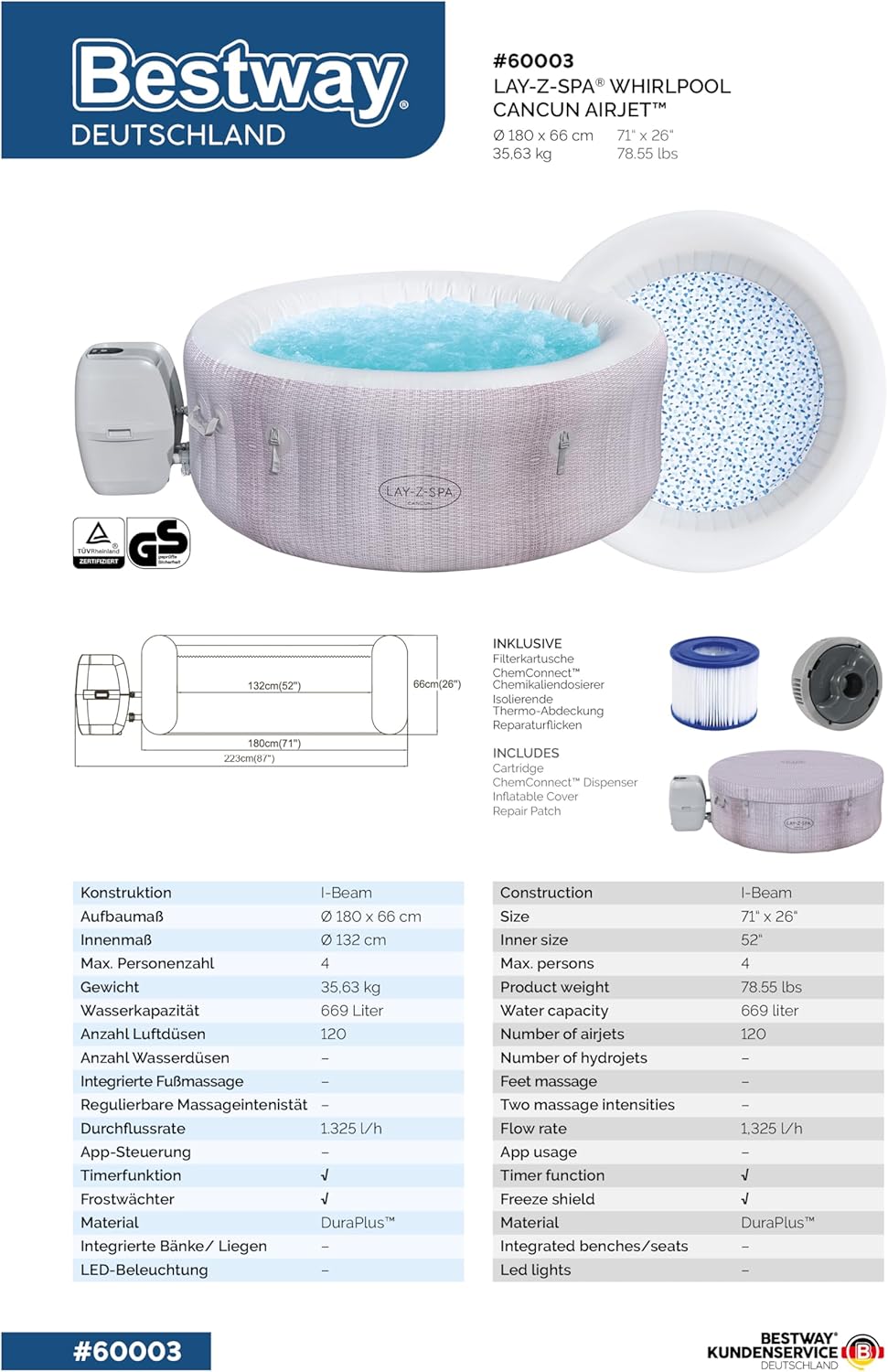 Spa Gonflable Lay-Z-Spa® Cancun Airjet Rond 2 à 4 Personnes, 180 x 66 cm, 120 Jets d'air, Couverture Isolante, Filtration à Cartouche, diffuseur Chemconnect
