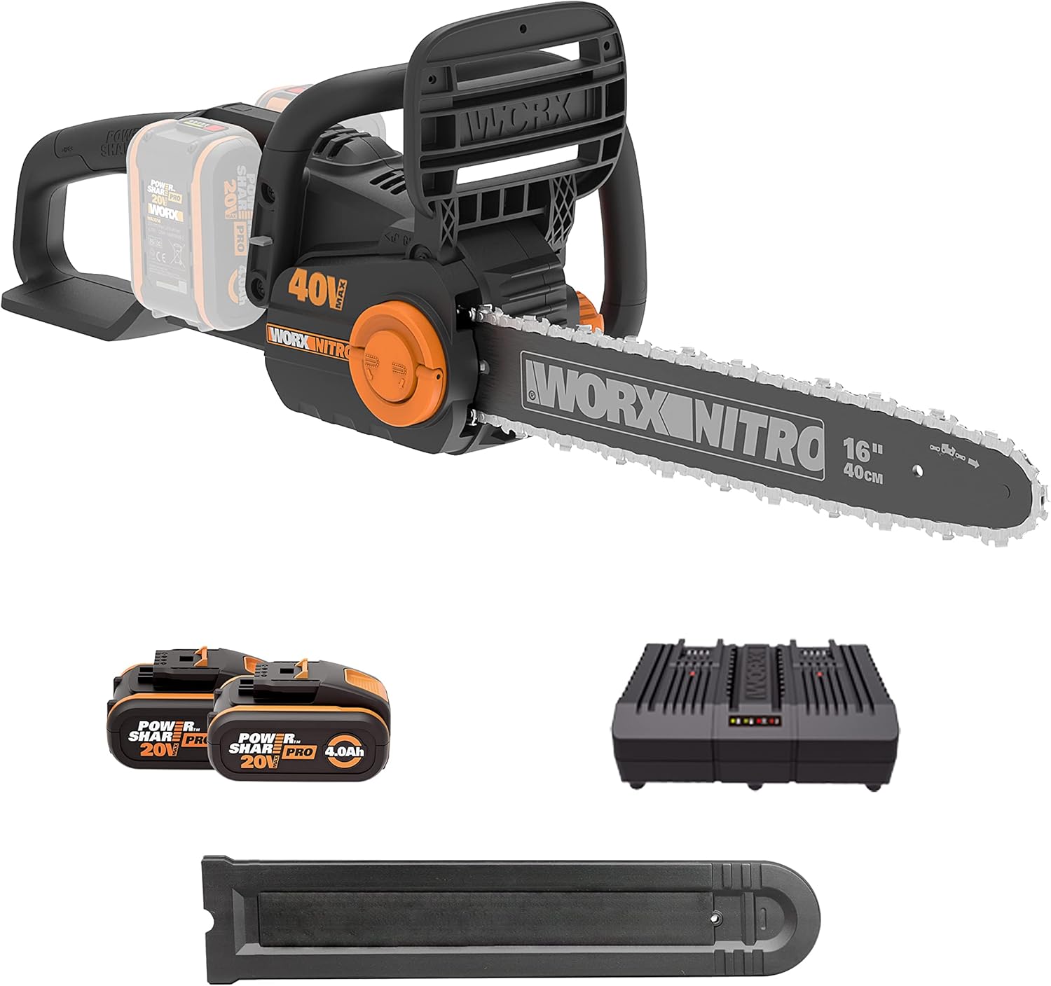 WORX - tronçonneuse sans fil 40V, guide 40cm, 18m/s, 2x4Ah WG385E
