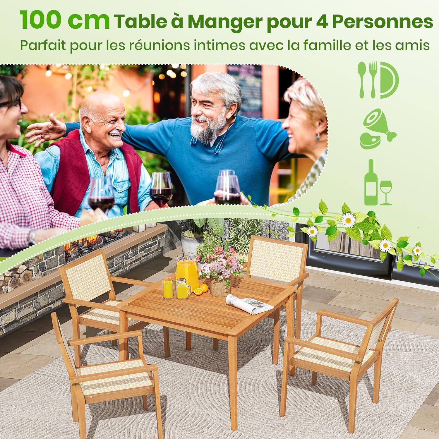 COSTWAY – Table de jardin carrée 100x100 cm – bois d’acacia, trou parasol