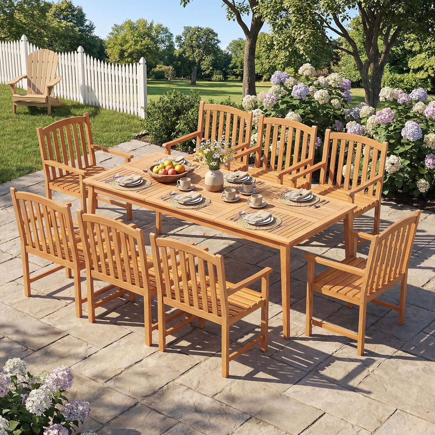 COSTWAY - Table de jardin en bois d'acacia - 200x90 cm - 8 personnes, trou parasol 5 cm