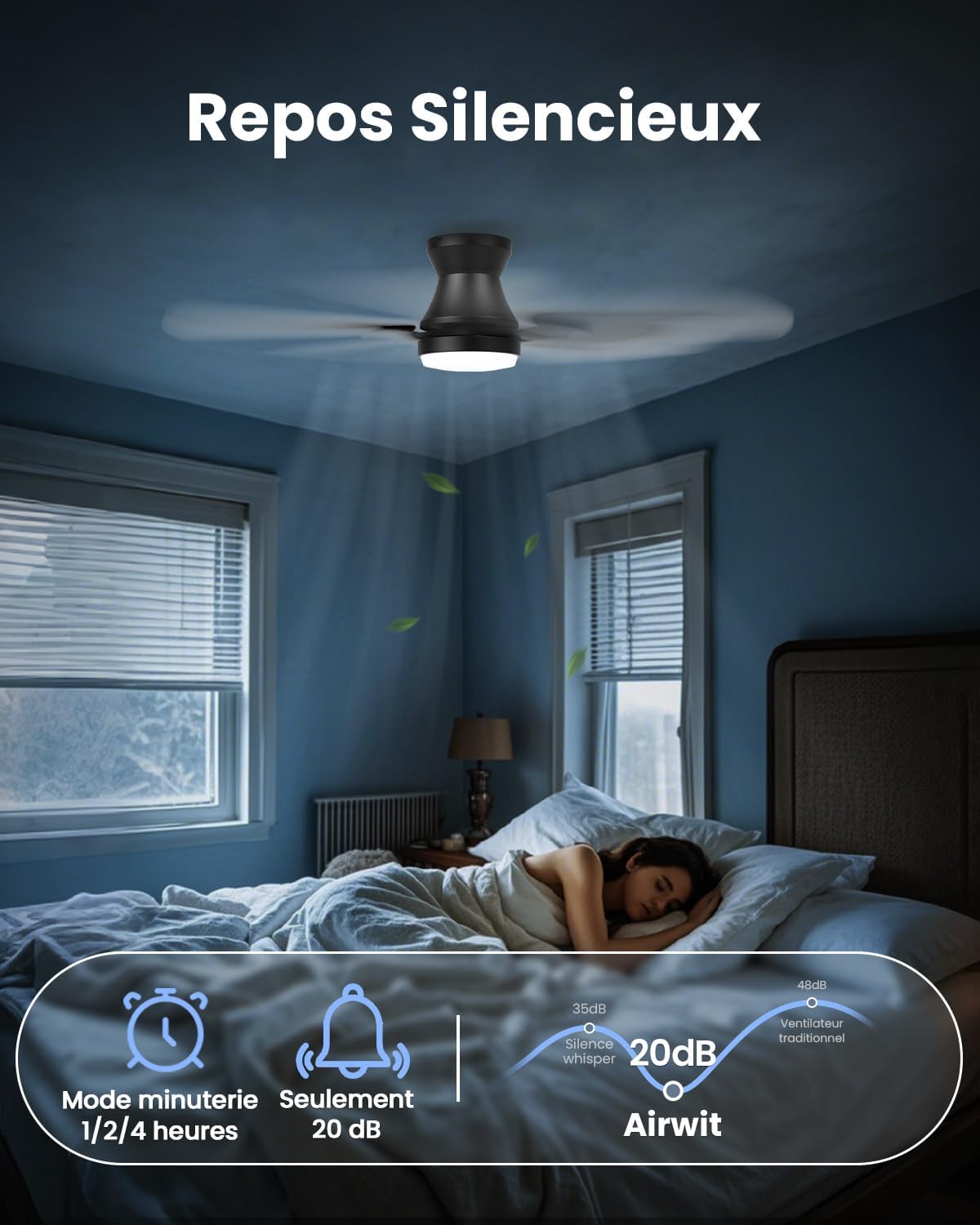 Airwit - Ventilateur de plafond double face 106cm, LED, télécommande, moteur DC réversible, silencieux