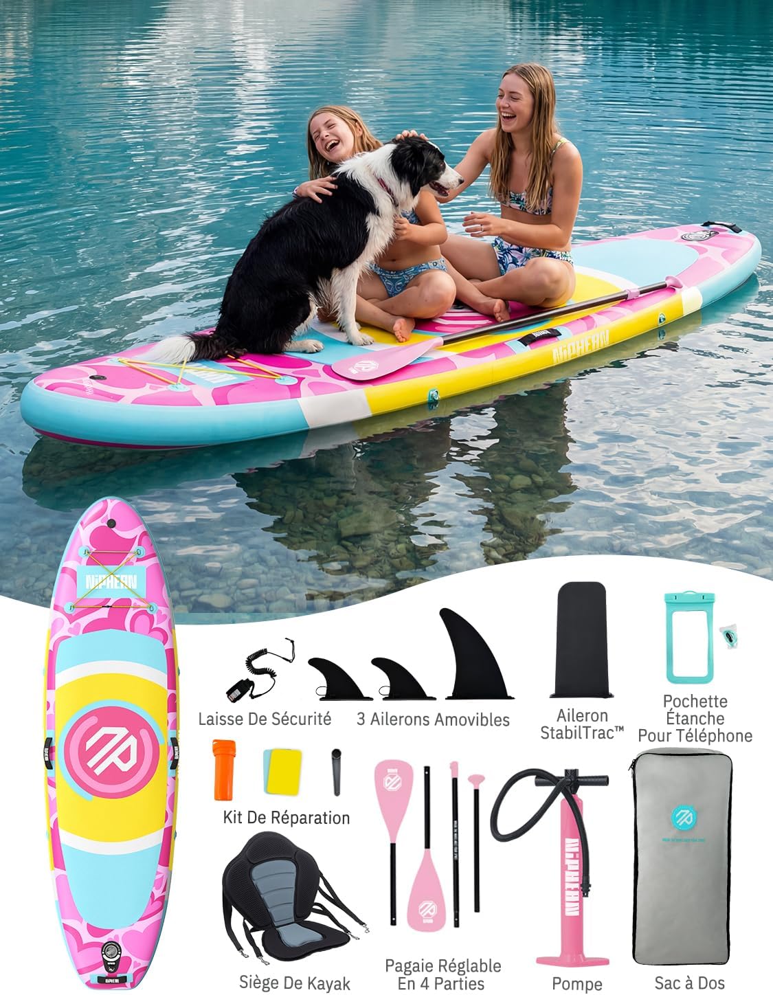 Niphean - Paddle gonflable adulte, ultraléger 320cm - siège, aileron StabilTrac, antidérapant, yoga, animaux