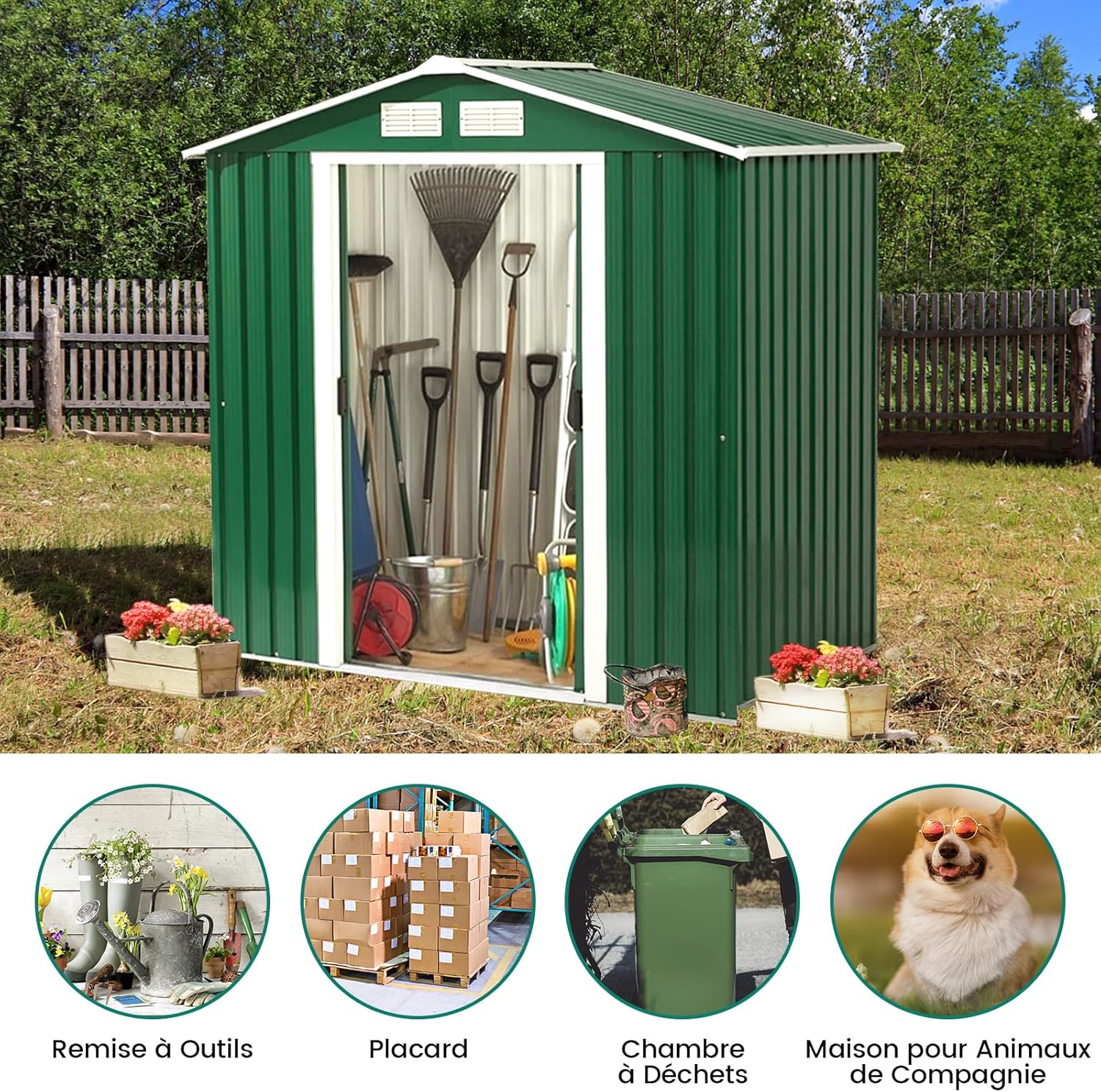 COSTWAY Abri de Jardin Métal Extérieur 2.7㎡ Acier Galvanisé avec Fondation, Toit Penché, 4 Persiennes, Double Porte Coulissante, Cabane Jardin Exterieur avec Rampe, pour Vélo, Poubelle, 213x127x185CM