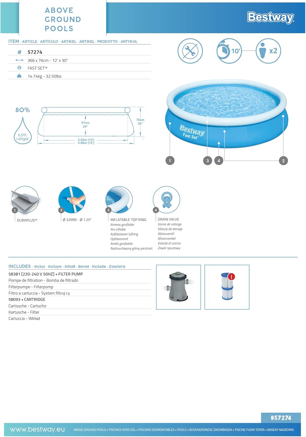 BESTWAY Piscine autoportante Ronde Fast Set 366 x 76 cm avec Filtration