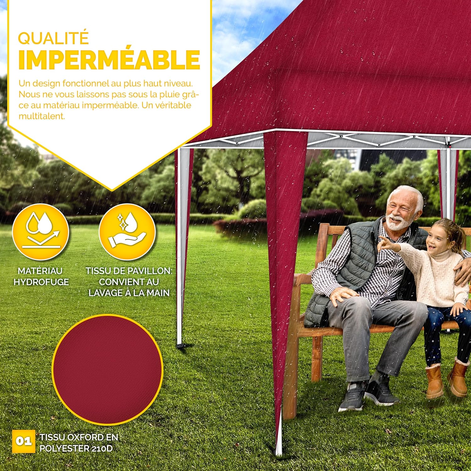 Tillvex - Tonnelle de jardin pop-up, étanche, pliable, réglable 3x6 m, UV 50+ avec sac - ROUGE.