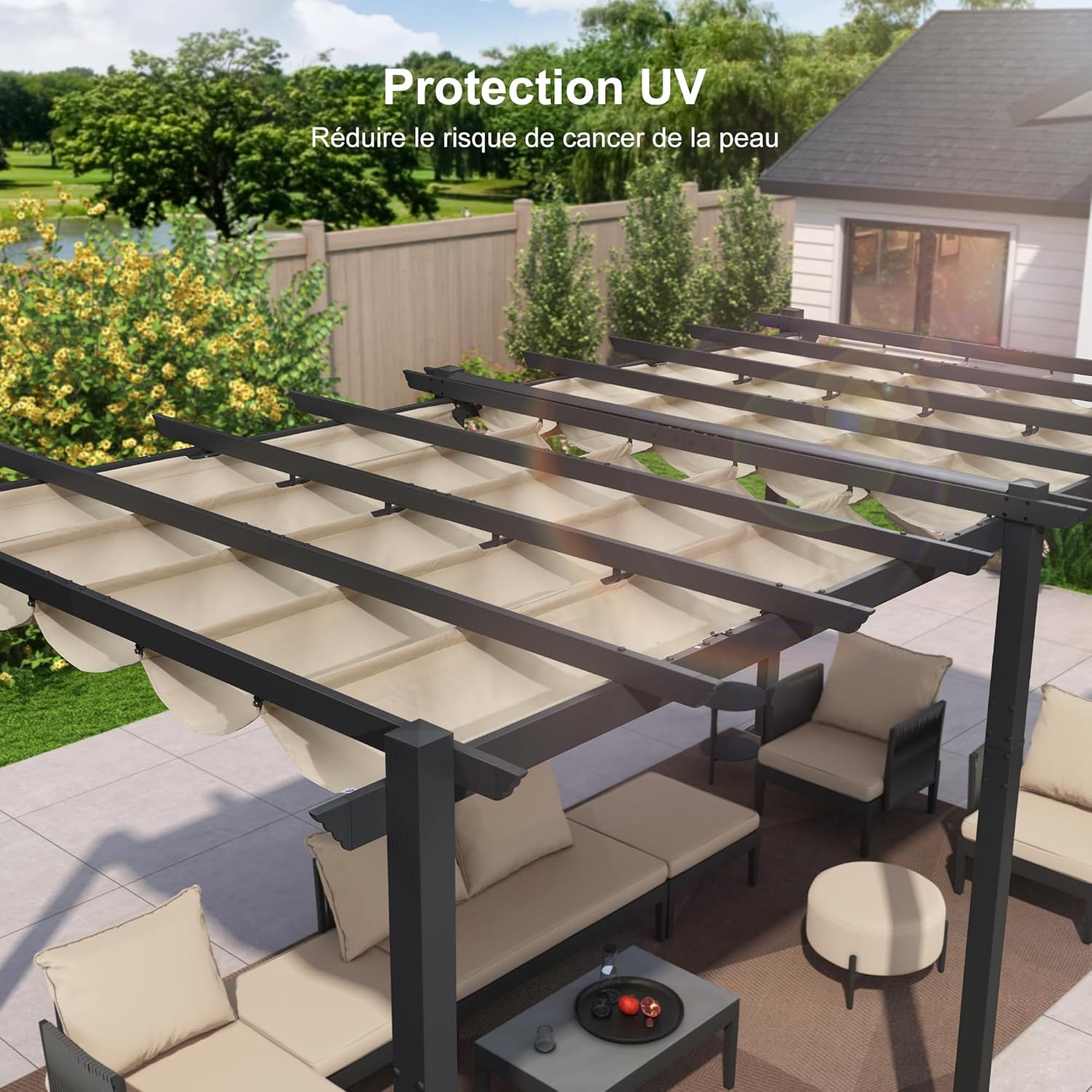 PURPLE LEAF - Pergola aluminium série - 5,5x3,5m - toit coulissant, tissu teint en fil, kaki