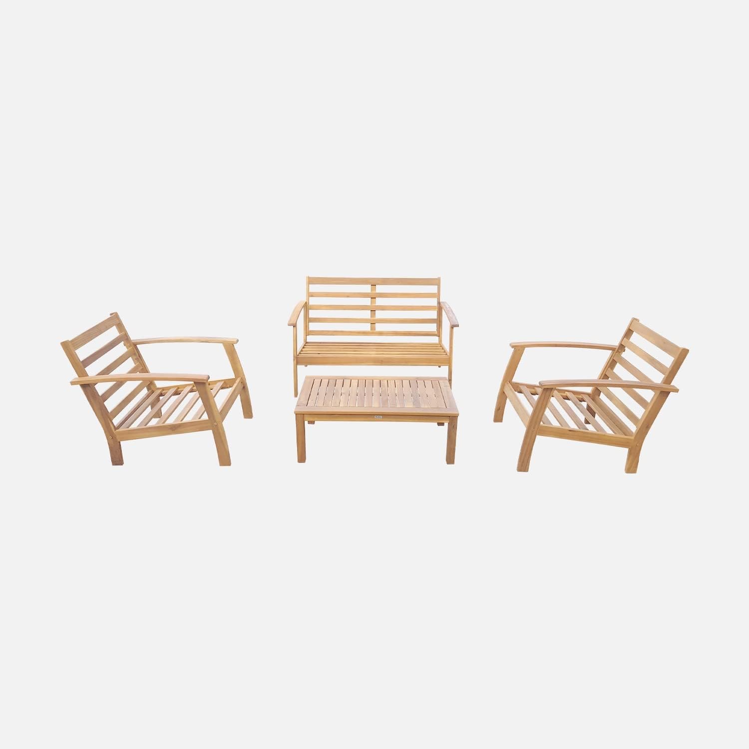 Alice's Garden - Ushuaïa - Salon de jardin bois 4 places, coussins verts, canapé, fauteuils, table basse