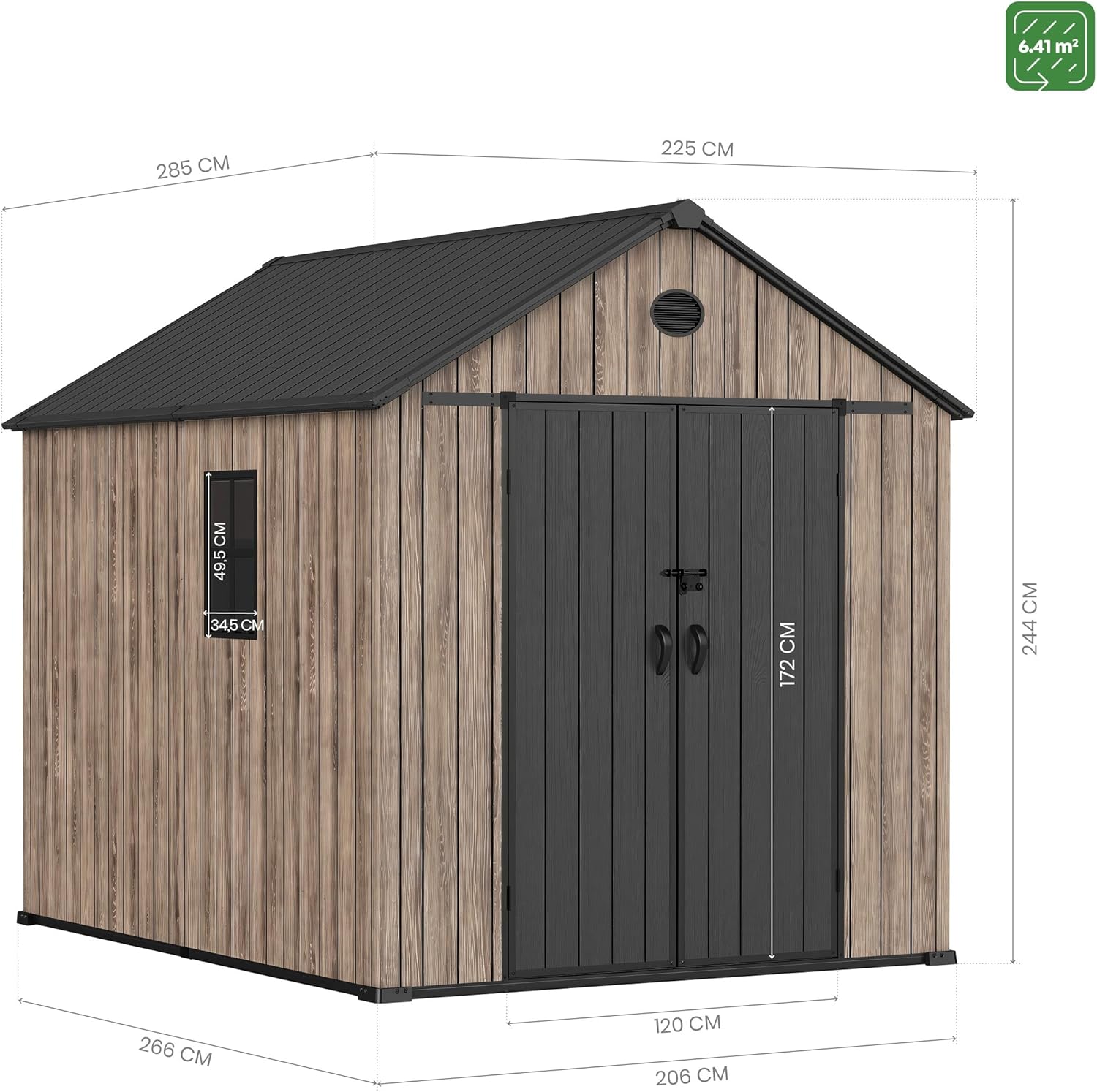 Hoggar Abri de jardin en résine 6,41 m² Oak O60 - Sol inclus - Fenêtre latérale - Aspect bois premium - Double porte large - Protection UV et imperméable - Fermeture par goupille - Ventilations