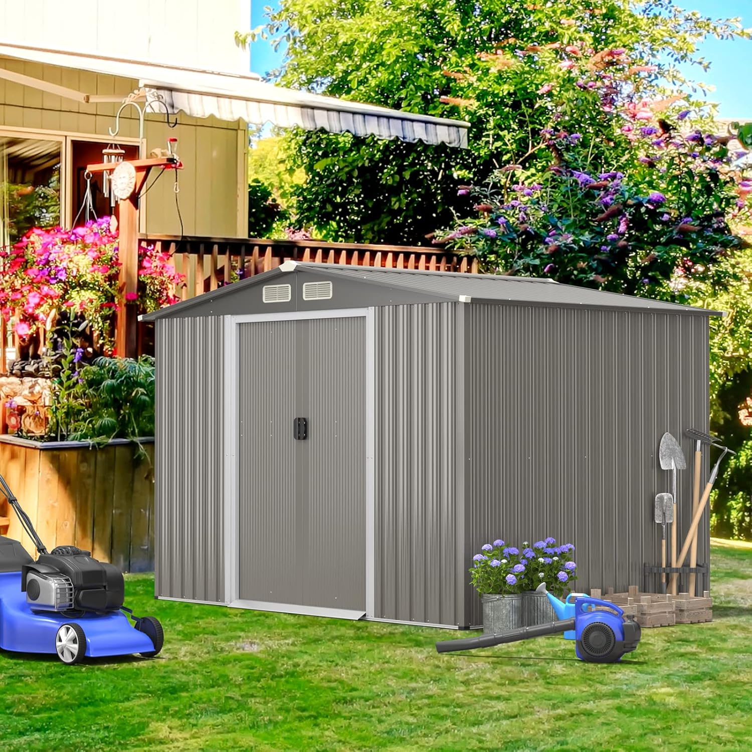 COSTWAY Abri de Jardin 4.7㎡en Acier Galvanisé Anti-UV, 260 x 207 x 181 CM, Cabane de Jardin Exterieur 9.7 m³ avec Fondation et Porte Coulissante, Rampe, 4 Trous d’Aération, 4 Gants Inclus, Gris Foncé