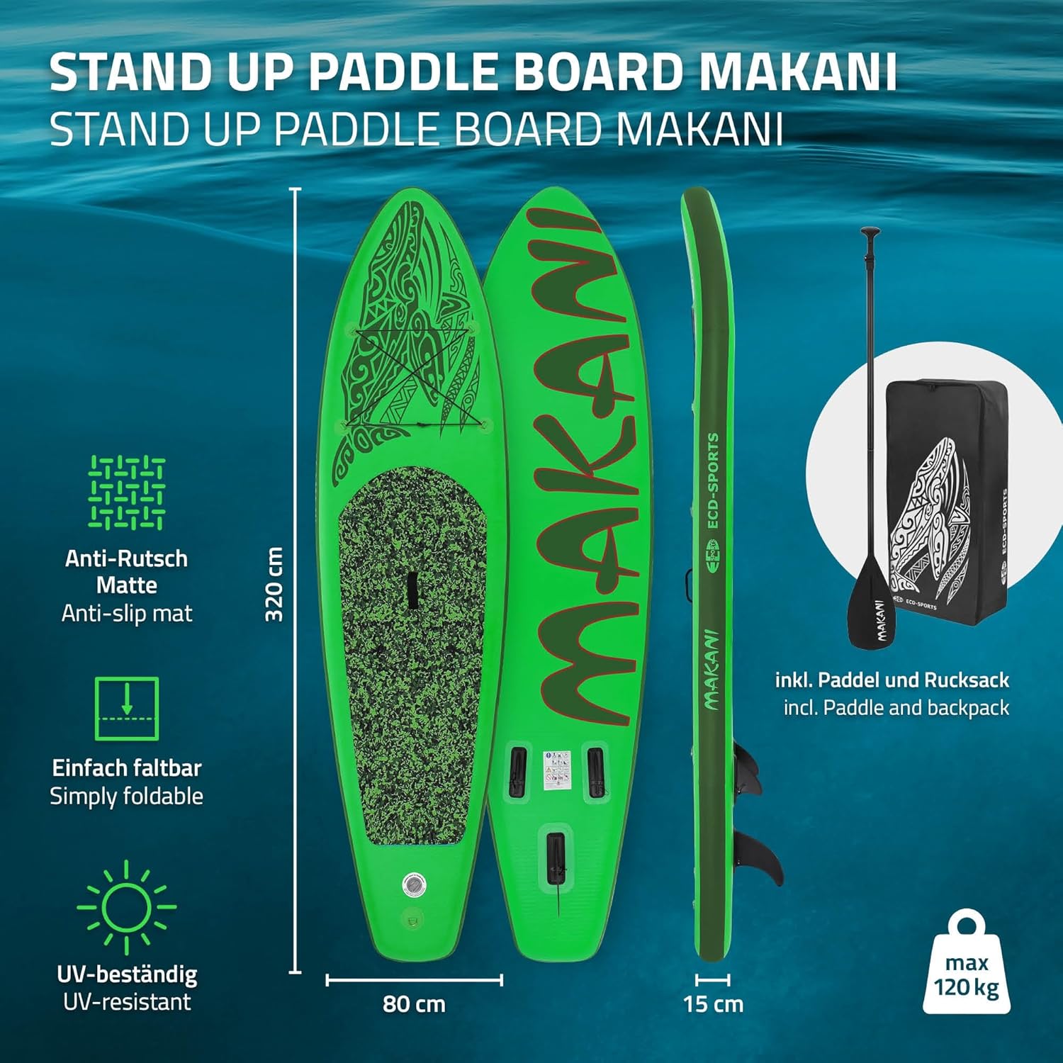 ECD Germany - planche stand up paddle - 305/308/320/380 cm - PVC, jusqu'à 150 kg, 10/15 cm d'épaisseur