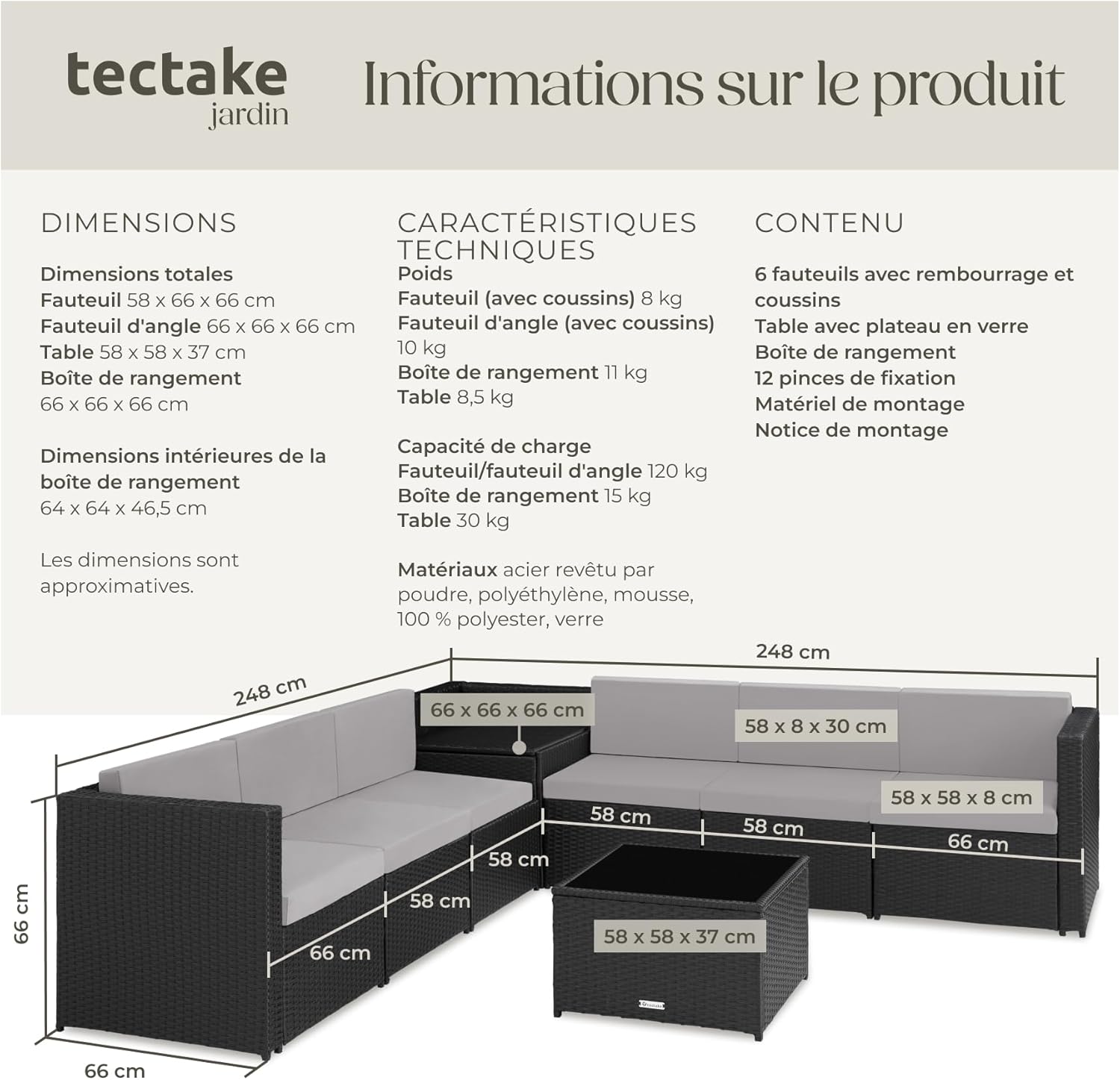 tectake - salon de jardin modulable 6 places - résine tressée, table verre, coffre rangement - 198x130x70 cm