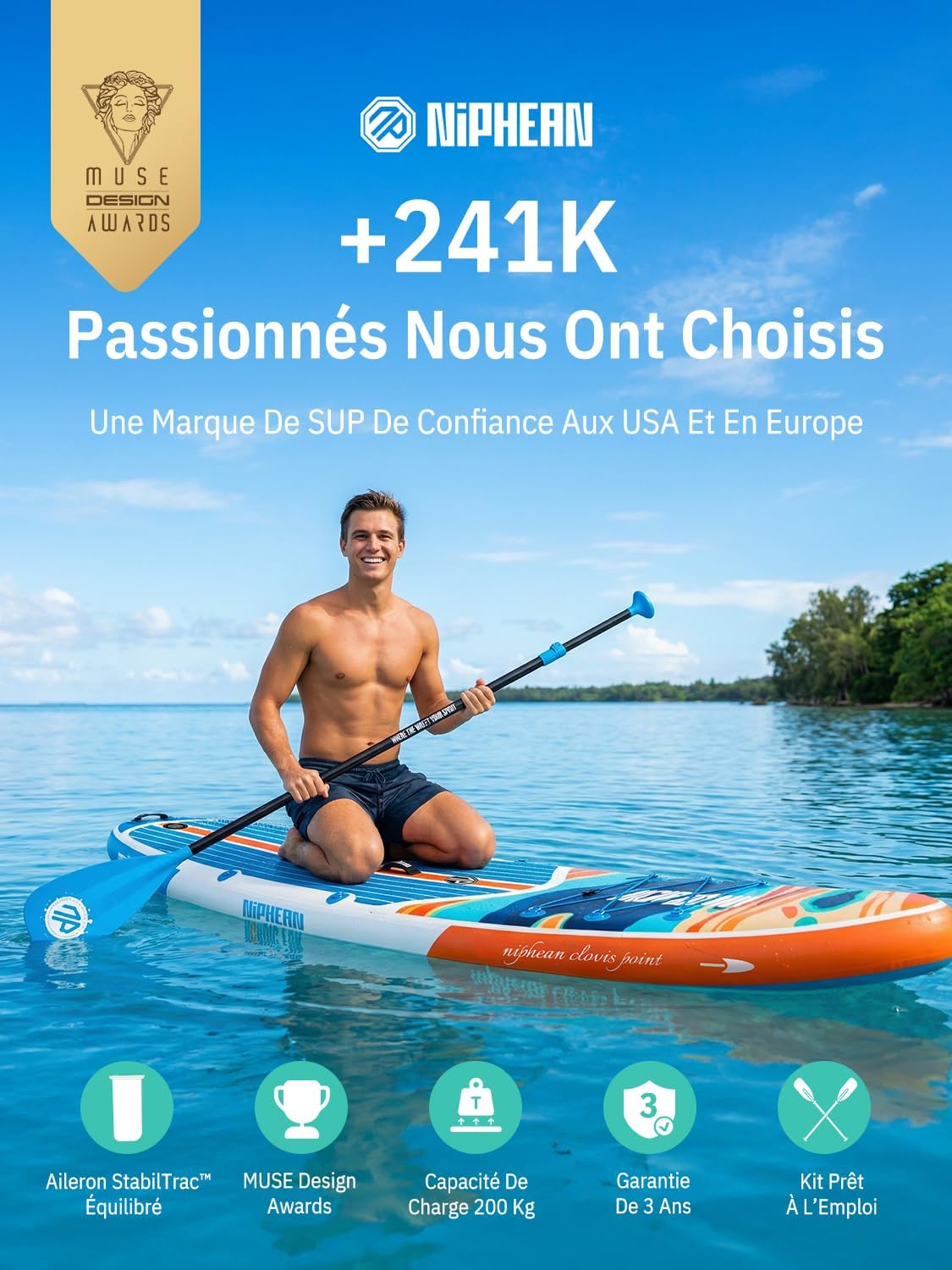 Niphean Paddle Gonflable Adulte avec Tous Les Accessoires, 320cm Planches de Stand Up Paddle Gonflables pour Tous Les Niveaux, Sup avec Capacité 200 kg pour 2 Personnes, Paddle Gonflable avec Siège