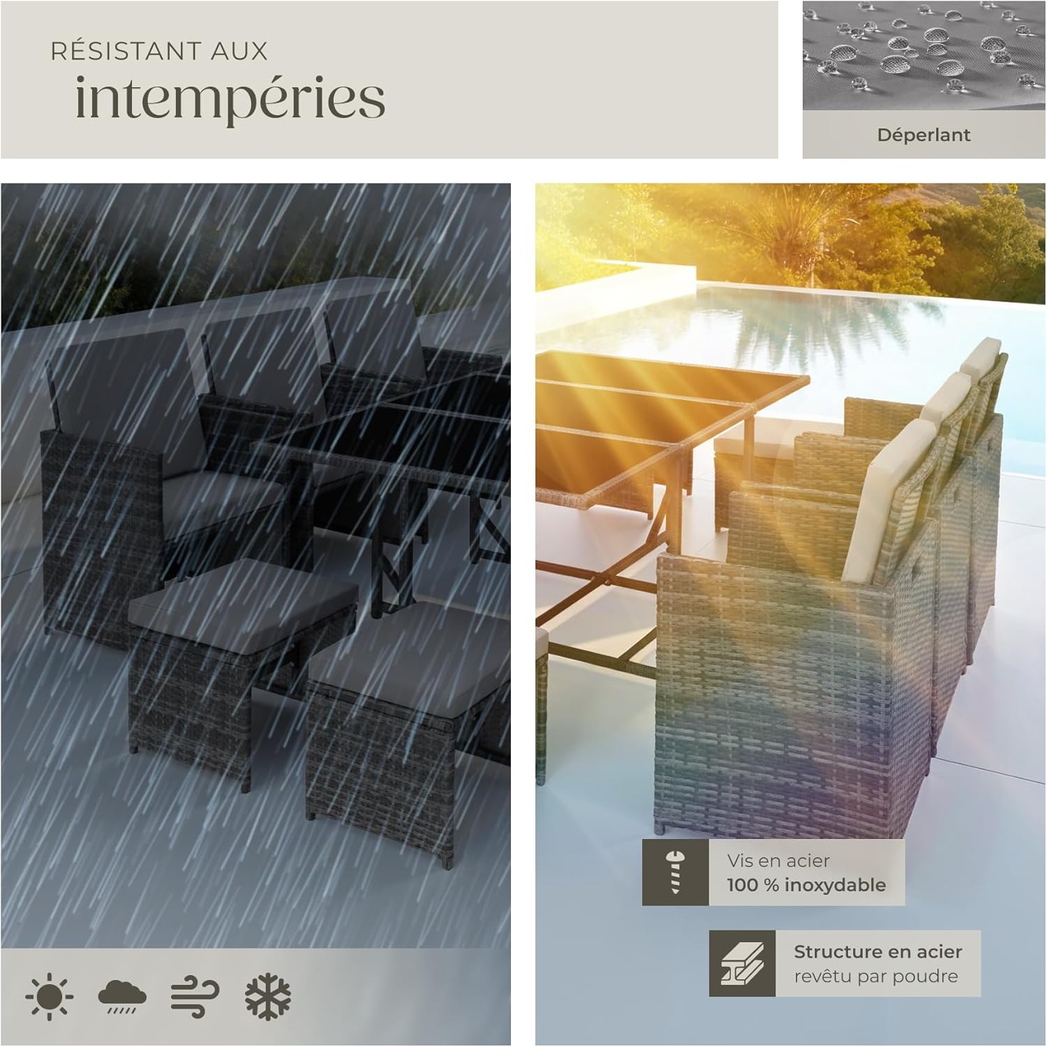 tectake - Salon de jardin Poly Rotin 10 pers. 6 fauteuils et 4 poufs, table et housse