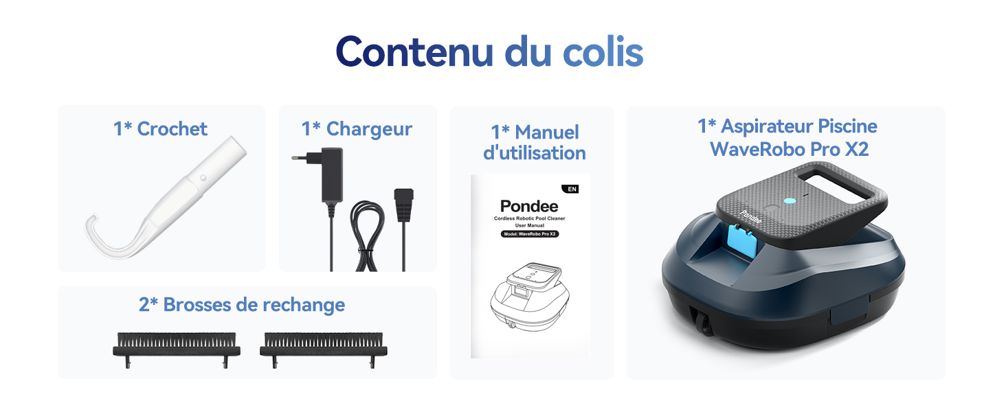 Le texte se lit comme suit : « Contenu du colis ». Kit de produit présentant les composants en français : tête de nettoyage, accessoires de brosse, pièces de rechange et aspirateur robotique.
