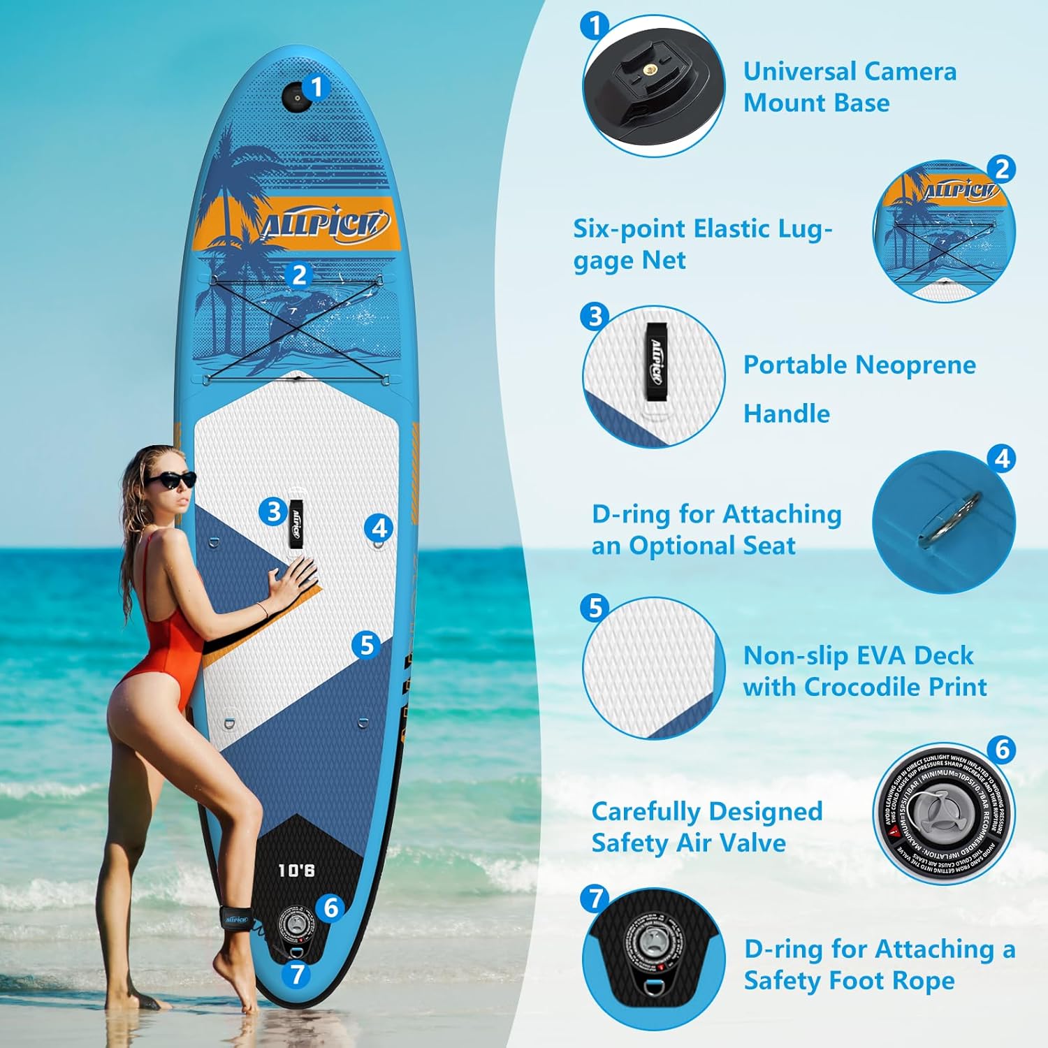 ALLPICK Paddle Gonflable, Kit de Padelsurf de Stand Up Paddle Sup Gonflable de 320 cm, avec Support Universel pour Caméra, Pagaie réglable, Débutants et confirmés, 200 kg