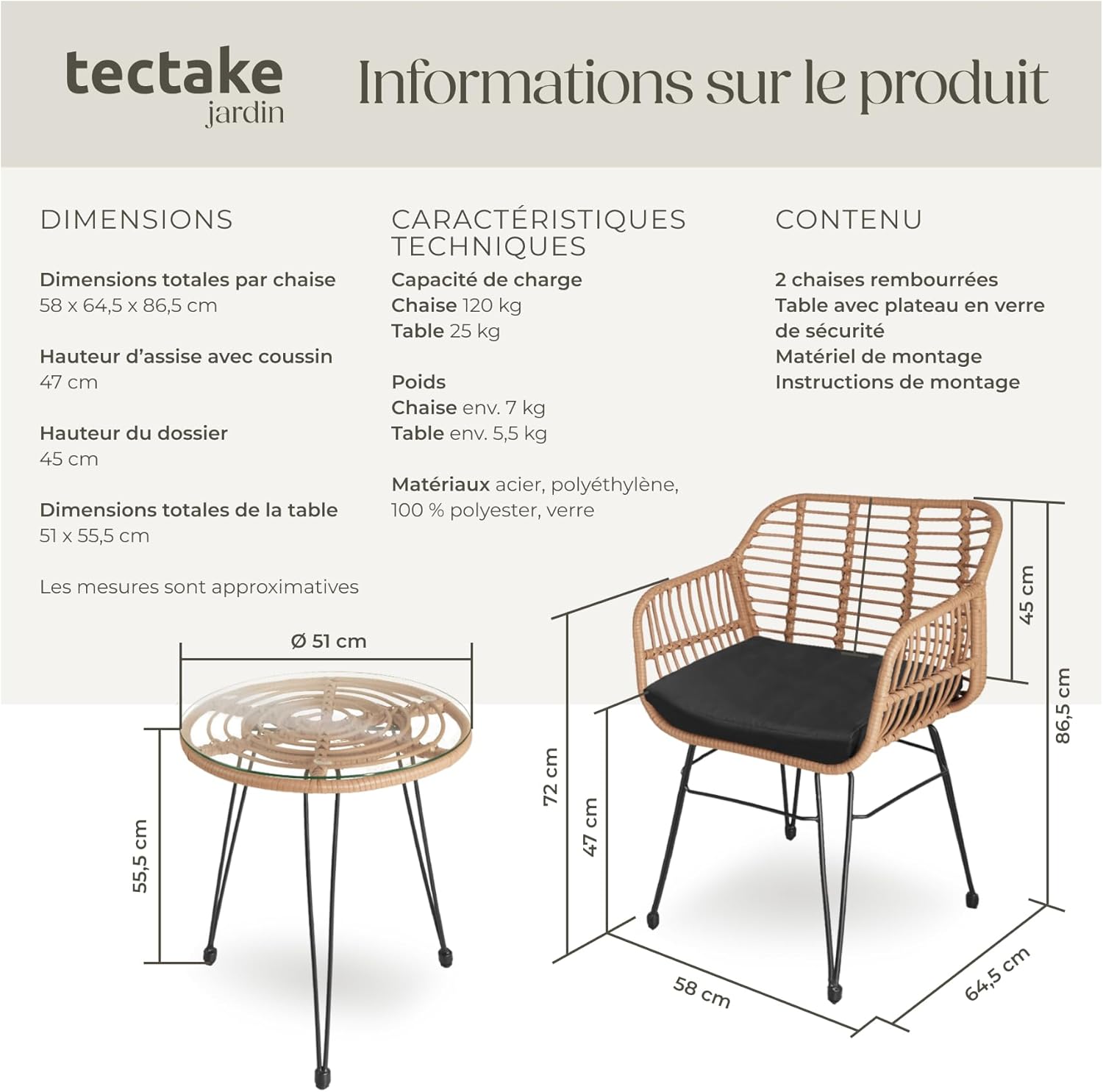 tectake - salon de jardin 3 pcs - fauteuils + table verre, coussins amovibles, extérieur balcons