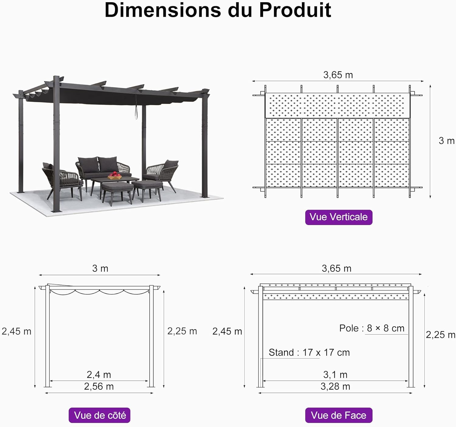 PURPLE LEAF - Pergola aluminium, 3,65x3m, toile coulissante, gris