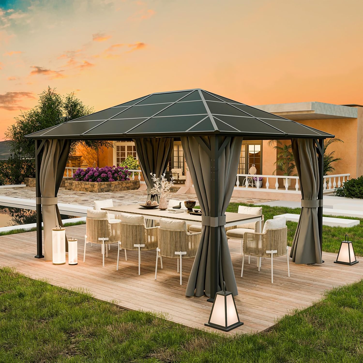 UDPATIO - Tonnelle série 3x4m, imperméable, UV, rideaux, gris, UDPATIO