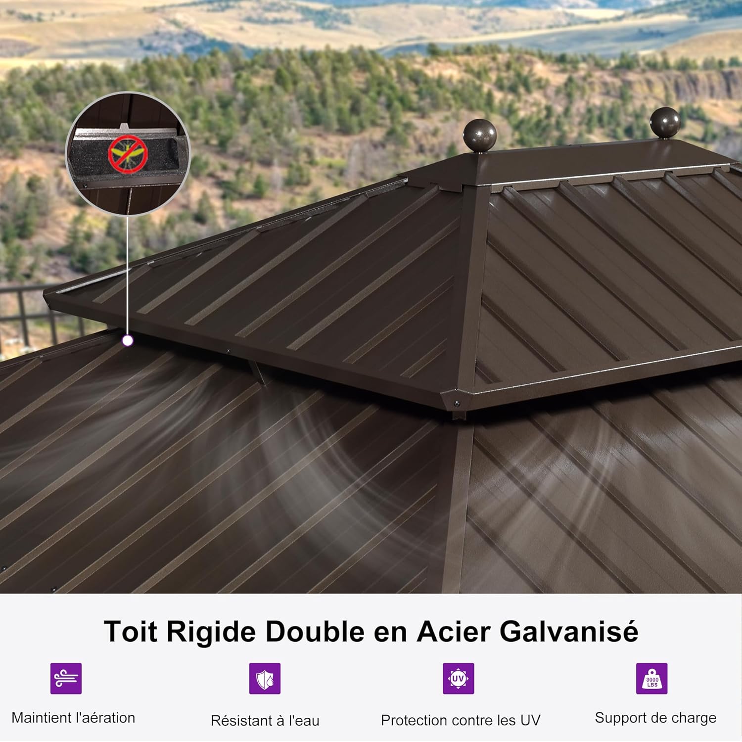 PURPLE LEAF - Tonnelle de Jardin 4,25x3m - Acier galvanisé, moustiquaire, rideaux, gouttière, poteaux renforcés, bronze 
