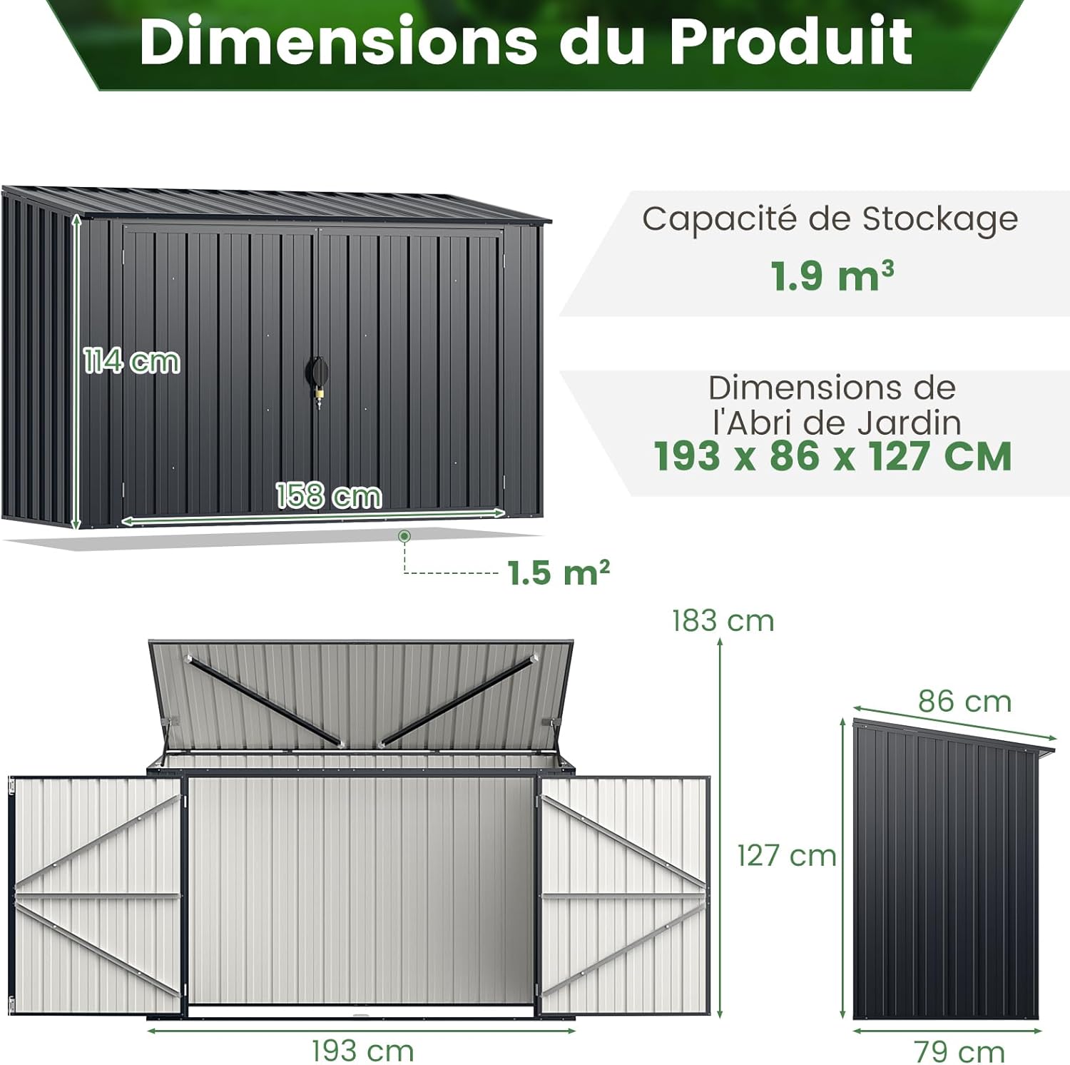 COSTWAY Abri de Jardin en Métal Galvanisé 1,9 M³, Cabane de Jardin Exterieur avec Double Porte Verrouillable, Couvercle Rabattable, Vérin à Gaz Hydraulique, Cache Poubelle pour Vélo, Outils
