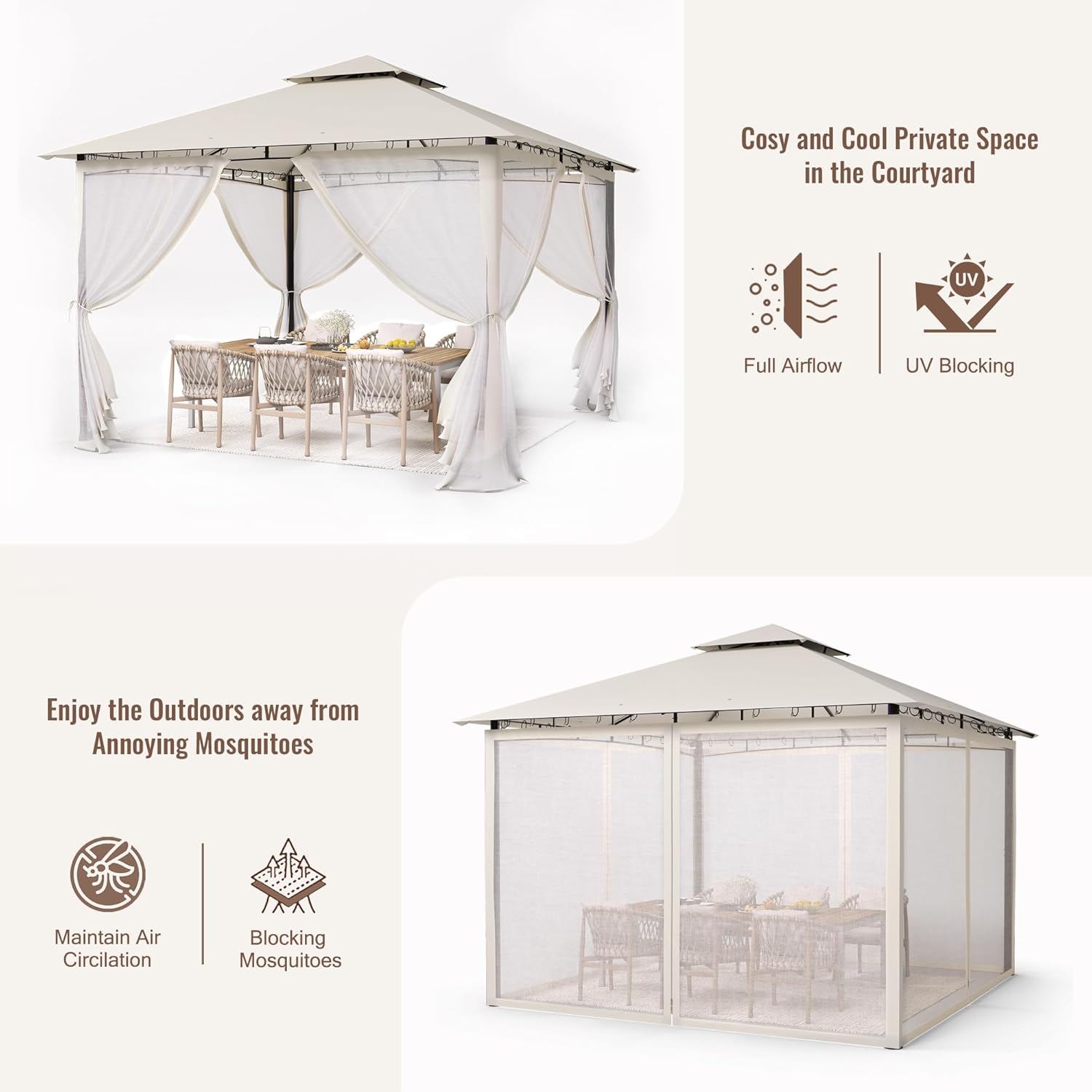 UDPATIO - tonnelle jardin série double toit - 2.8x2.8m - métal, moustiquaire, beige
