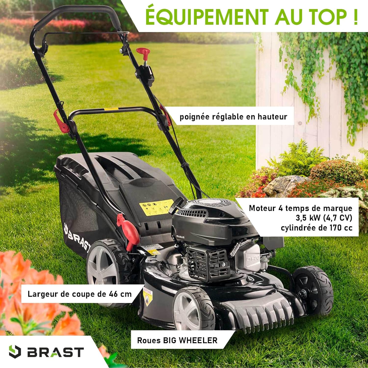 BRAST Tondeuse Thermique tractée 46cm 170 CC mulchig 3,5kW (4,7 CV), 60l -5 MODÈLES Diff.- Moteur 4 Temps Easy Clean, 3en1, châssis en tôle d'acier, Tondeuse Thermique Coupe reglable