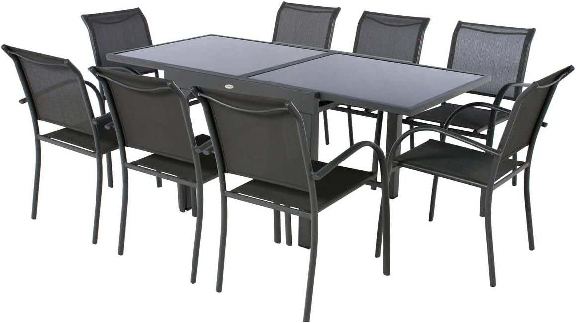 Hespéride - Table Piazza Gris Graphite extensible 8 places - Aluminium anti-rouille, verre trempé, rallonge coulissante.