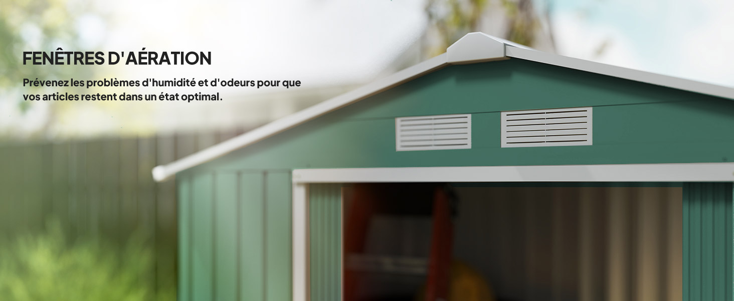 Le texte indique « FENÊTRES D'AÉRATION ». Structure de cabanon ou de garage en métal vert avec fenêtres de ventilation visibles sur le dessus.