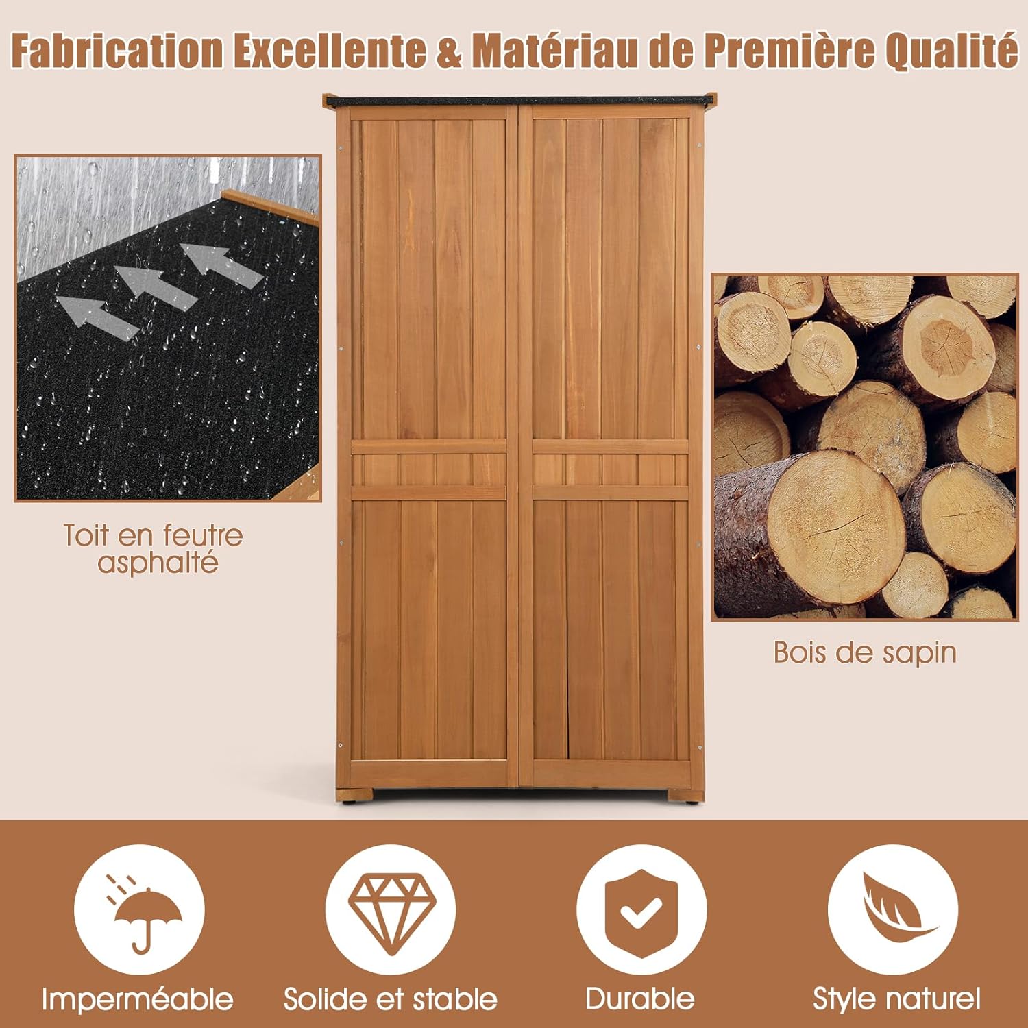 COSTWAY - Abri de jardin 160 cm - Bois, toit asphalte, 2 portes verrouillables, étagères amovibles