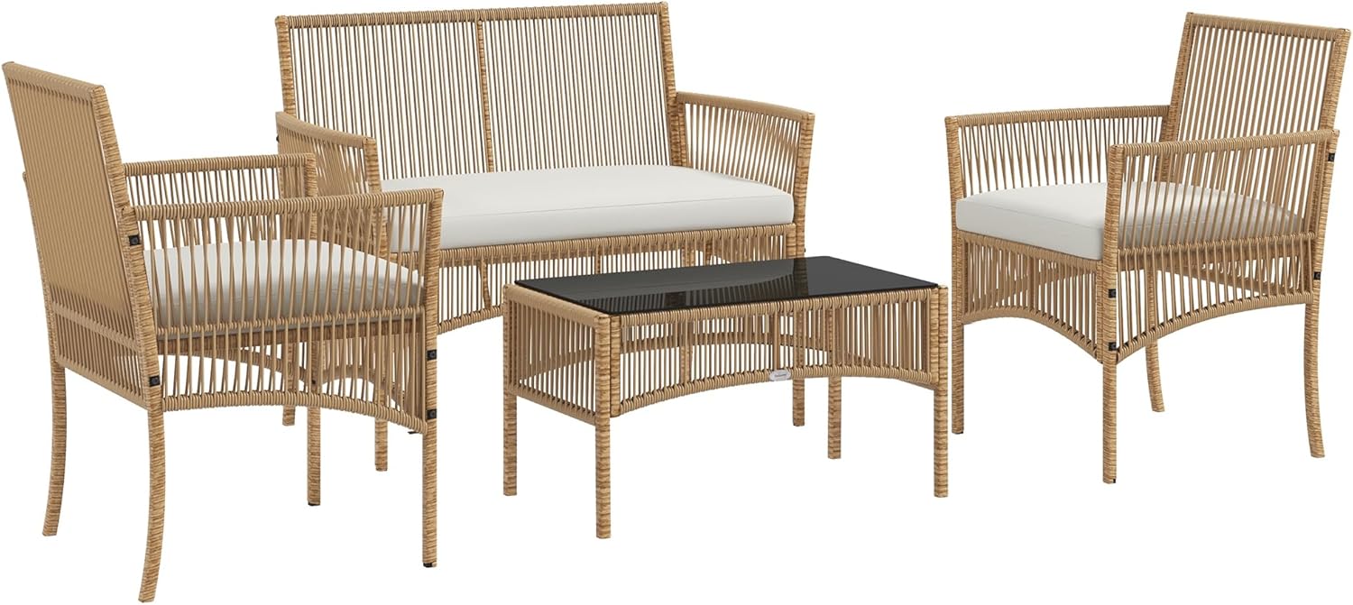 Outsunny - Salon de jardin 4p - métal/résine, coussins beige, table verre