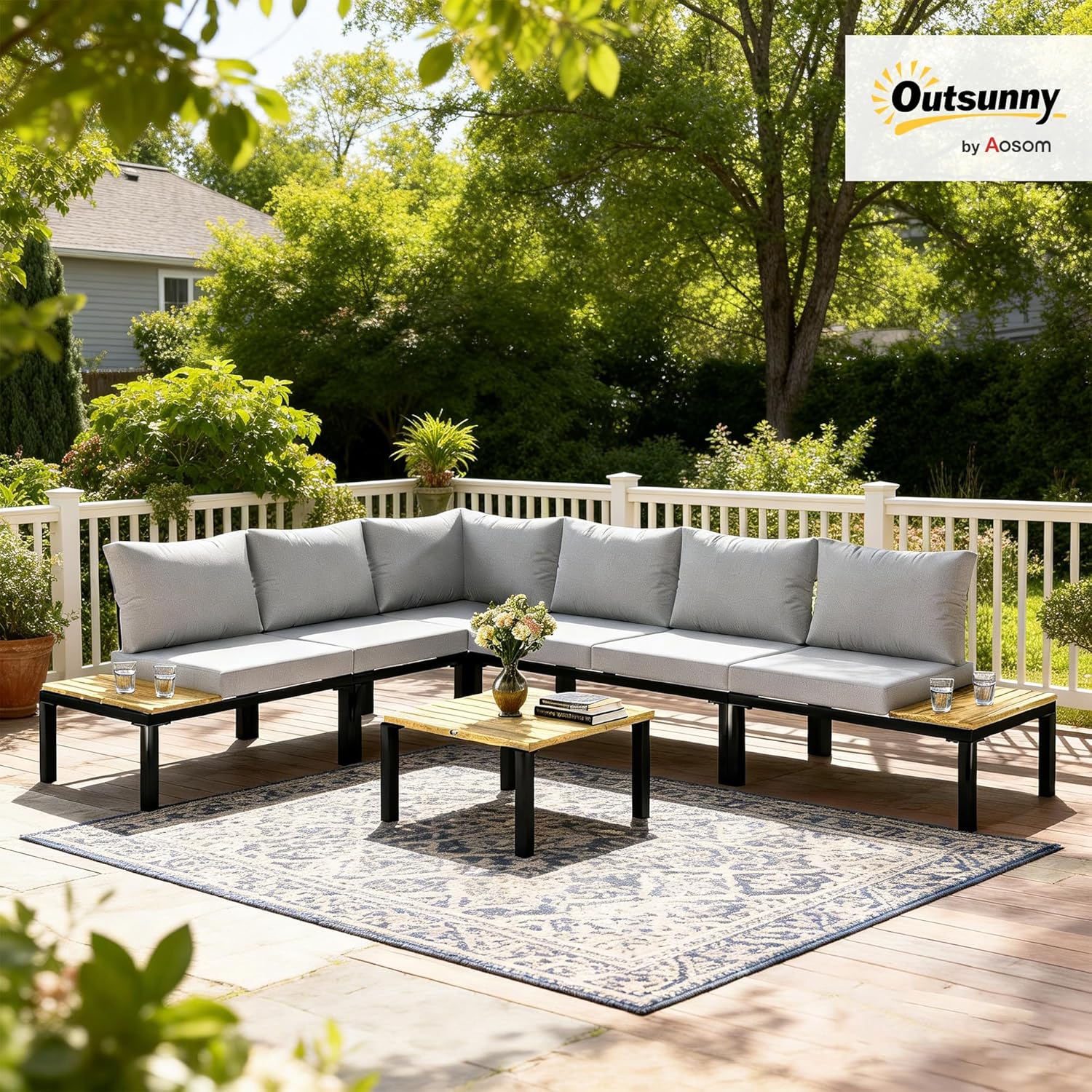 Outsunny - ensemble salon jardin modulable 6 pièces - convertible en lit, table basse intégrée, gris anthracite