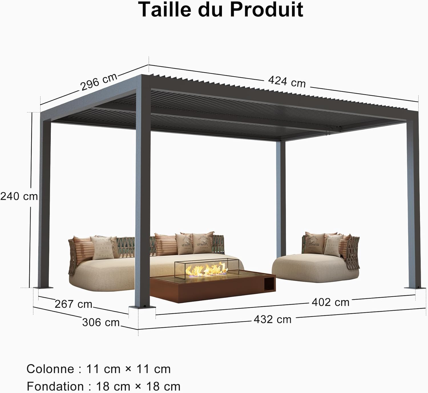 PURPLE LEAF Pergola Bioclimatique 4,24 x 3 m Pergola Aluminium Lames Orientables Superficie 12,72 m² Tonnelle de Jardin Exterieur Belvédères pour Patio Terrasse Exterieur, Gris