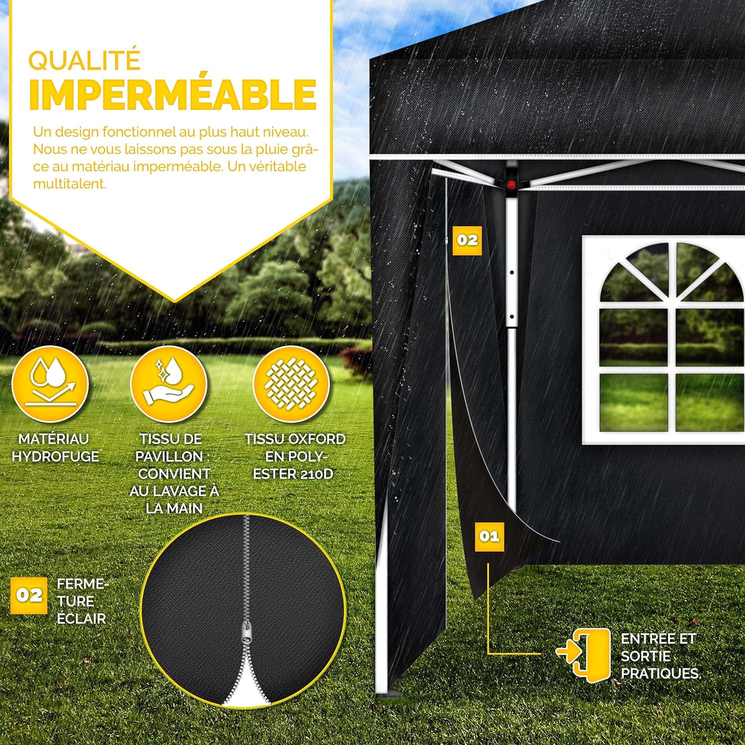 tillvex - Tonnelle pliante série Jardin - 3x3m - 4 côtés, réglable, UV50+, sac