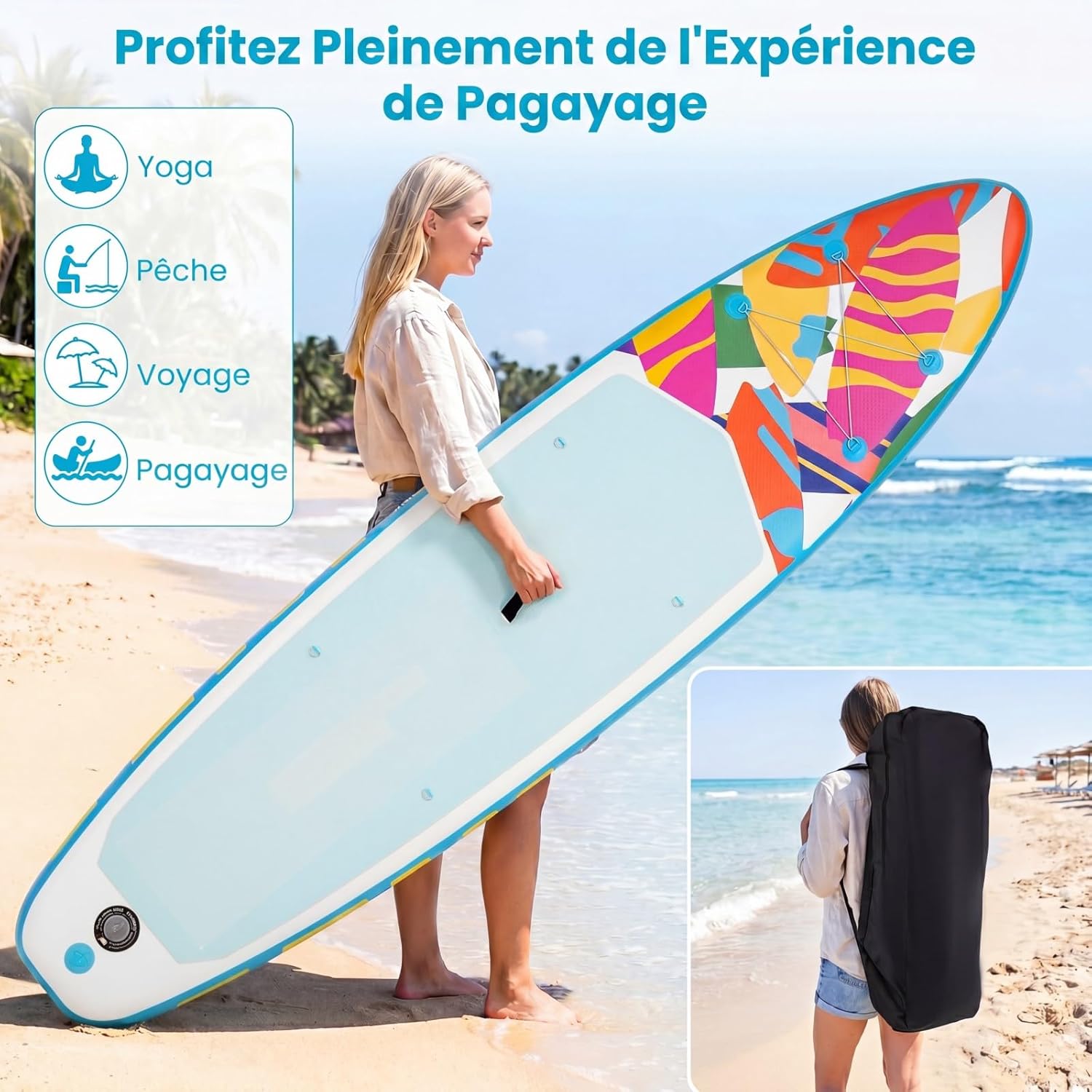 HOMASIS - Planche à Pagaie Gonflable - 336x77x16 cm - Pagaie réglable, pompe, 3 ailerons, accessoires, HOMASIS336x77x16