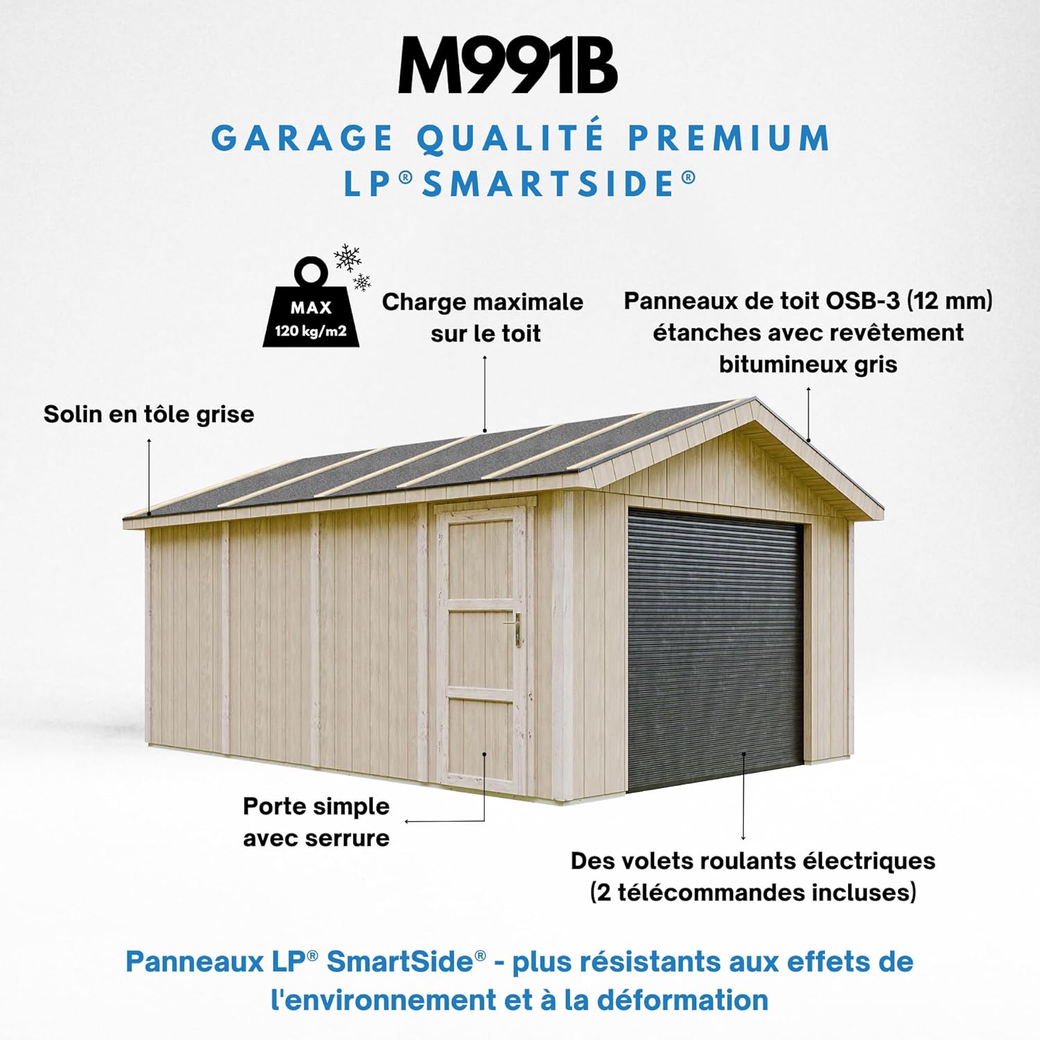 Timbela - Abri de jardin premium 17m², panneaux LP Smartside, L378xL530cm - M991B