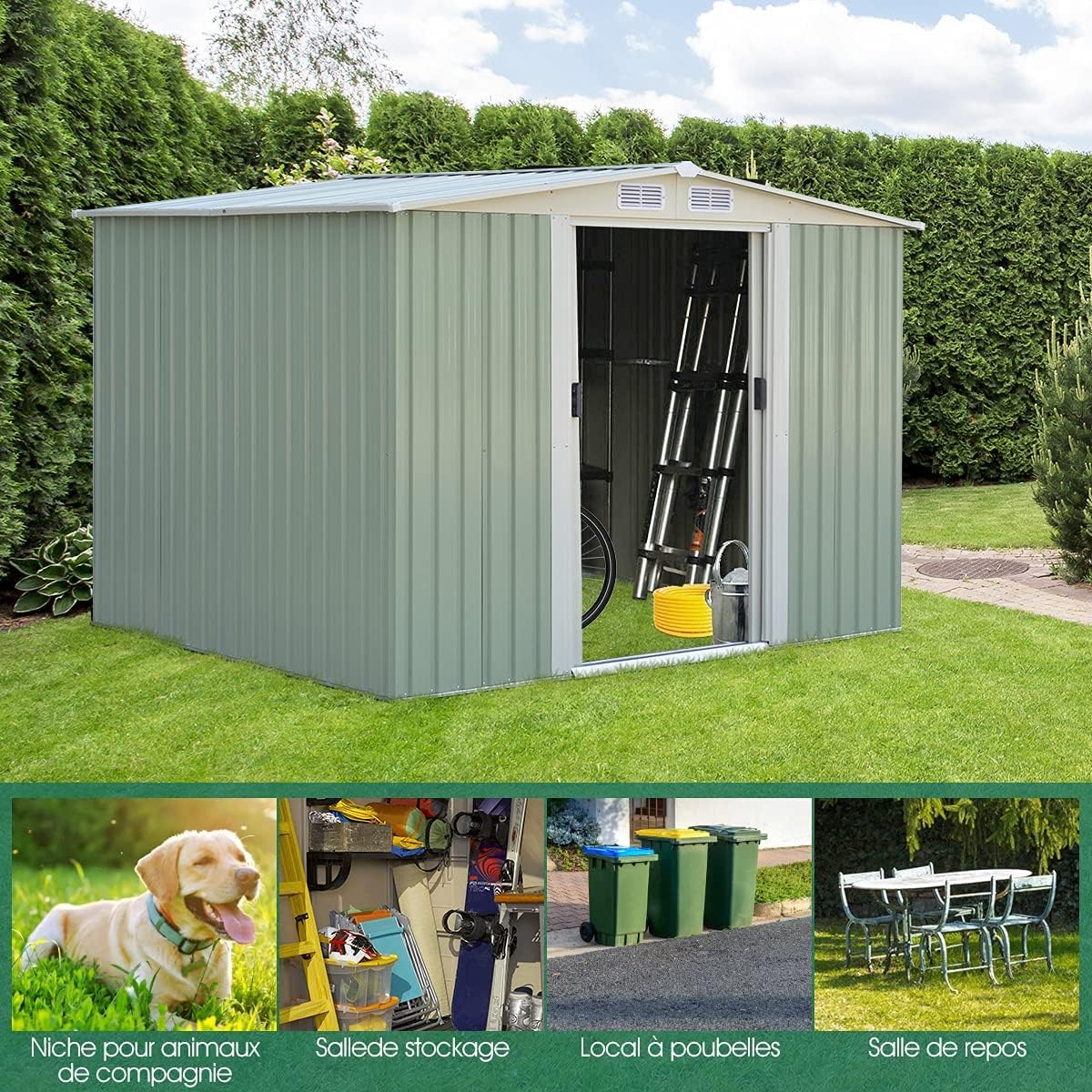 GOPLUS 4,75㎡ Abri de Jardin Métal Galvanisé, Cabine de Jardin Extérieur Portes Coulissantes, Résistant aux Intempéries, 8,34m³, Cabane de Rangement à Outils, 205 x 257 x 175 cm, Vert