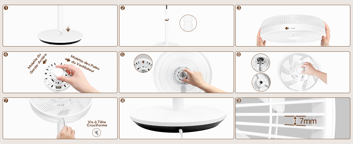Panneaux de schéma d'instructions illustrant les étapes d'assemblage ou d'utilisation avec des illustrations à la main. Plusieurs dessins techniques avec des flèches et des détails sur les composants. Format de feuille d'instructions en noir et blanc.