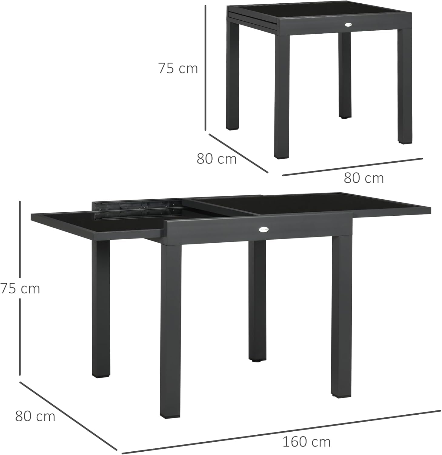 Outsunny - Table extensible jardin - 160x80x75 cm - verre noir, alu gris